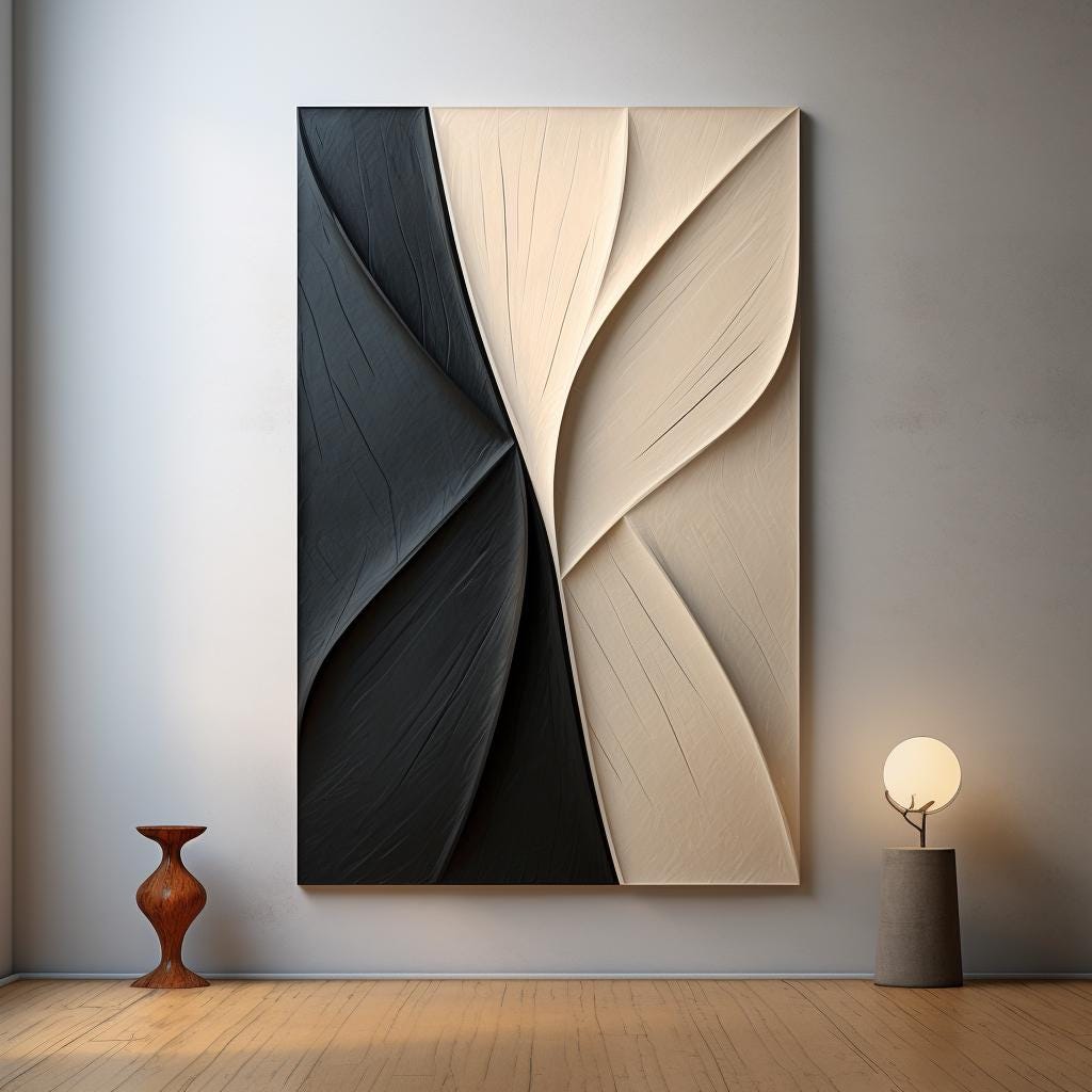 3D Wood Wall Art – Beige and Black Carved Wall Decor, Minimalist Abstract Sculpture, Neutral Textured Art for Living Room or Bedroom