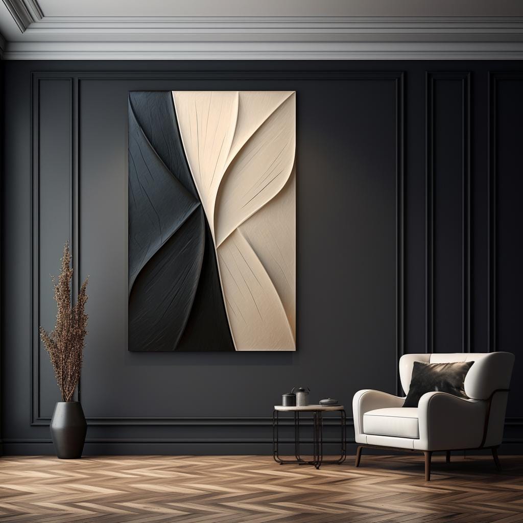 3D Wood Wall Art – Beige and Black Carved Wall Decor, Minimalist Abstract Sculpture, Neutral Textured Art for Living Room or Bedroom