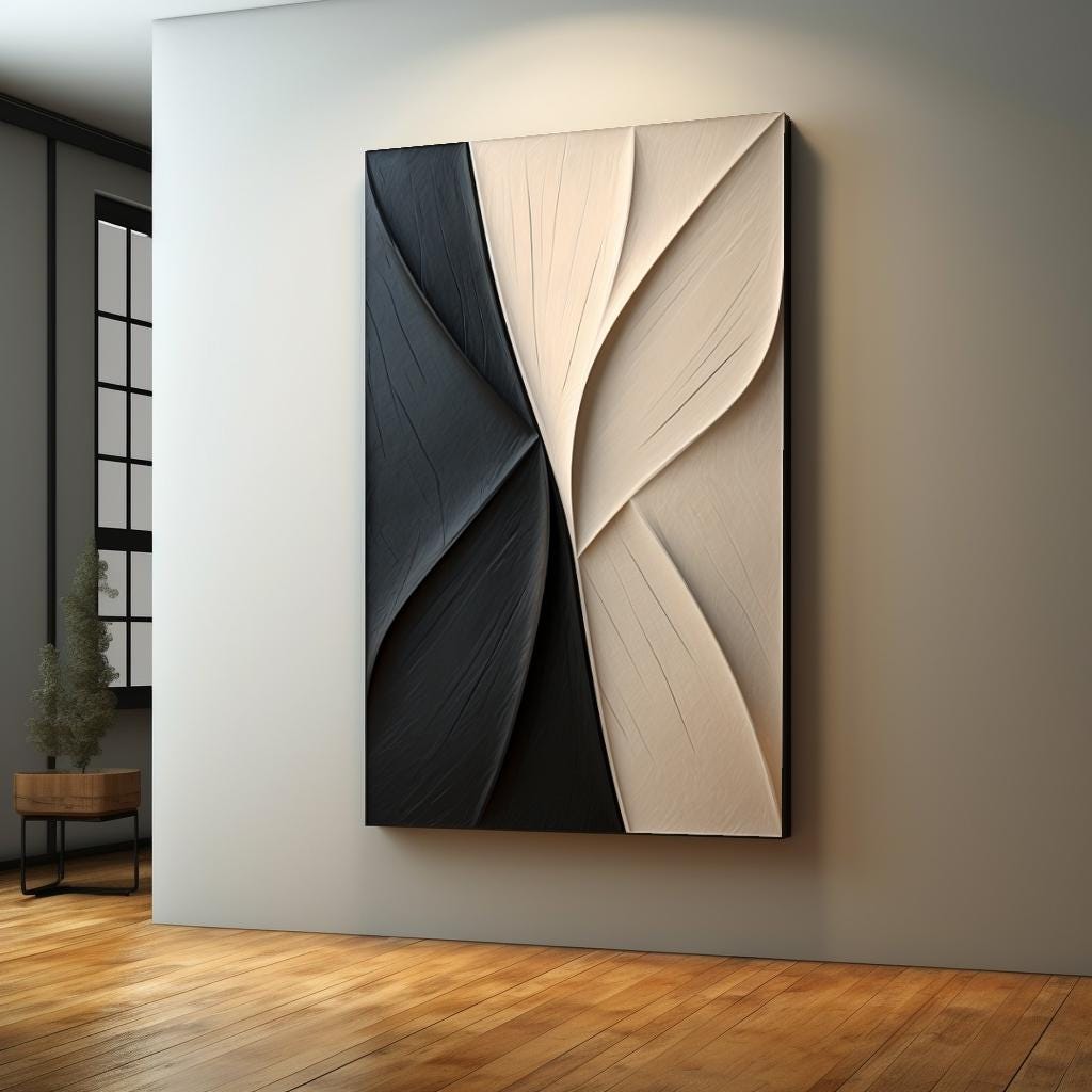 3D Wood Wall Art – Beige and Black Carved Wall Decor, Minimalist Abstract Sculpture, Neutral Textured Art for Living Room or Bedroom