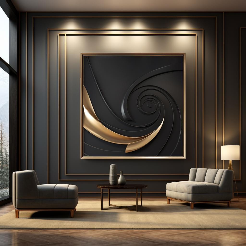 Black and Gold Minimalist Textured Wall Art, 3D Wood Carving Sculpture, Modern Abstract Wall Panel, Geometric Home Decor Luxury Wall Hanging