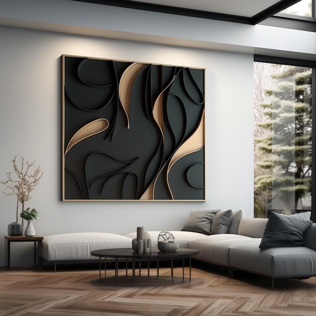 Brown and Black Minimalist Textured Wall Decor, 3D Wood Carving Art, Geometric Wall Sculpture, Japandi Living Room Wall Art, Handmade Décor