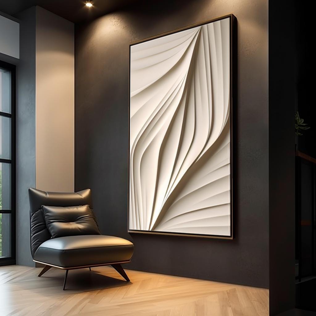 White Minimalist Textured Wall Decor – 3D Wood Carving Wall Art, Geometric Wooden Mural, Modern Home Décor, Living Room Wall Sculpture