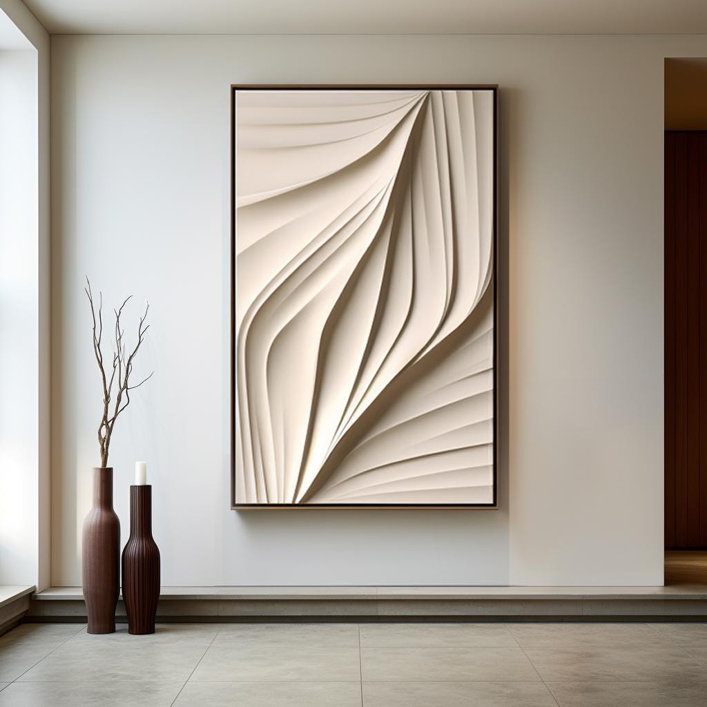 White Minimalist Textured Wall Decor – 3D Wood Carving Wall Art, Geometric Wooden Mural, Modern Home Décor, Living Room Wall Sculpture