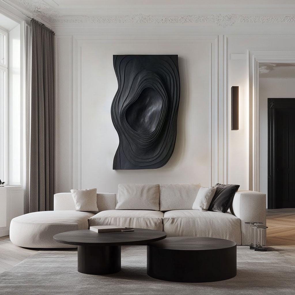 3D Textured Wall Art Panel - Modern Black Abstract Sculpture - Paramet