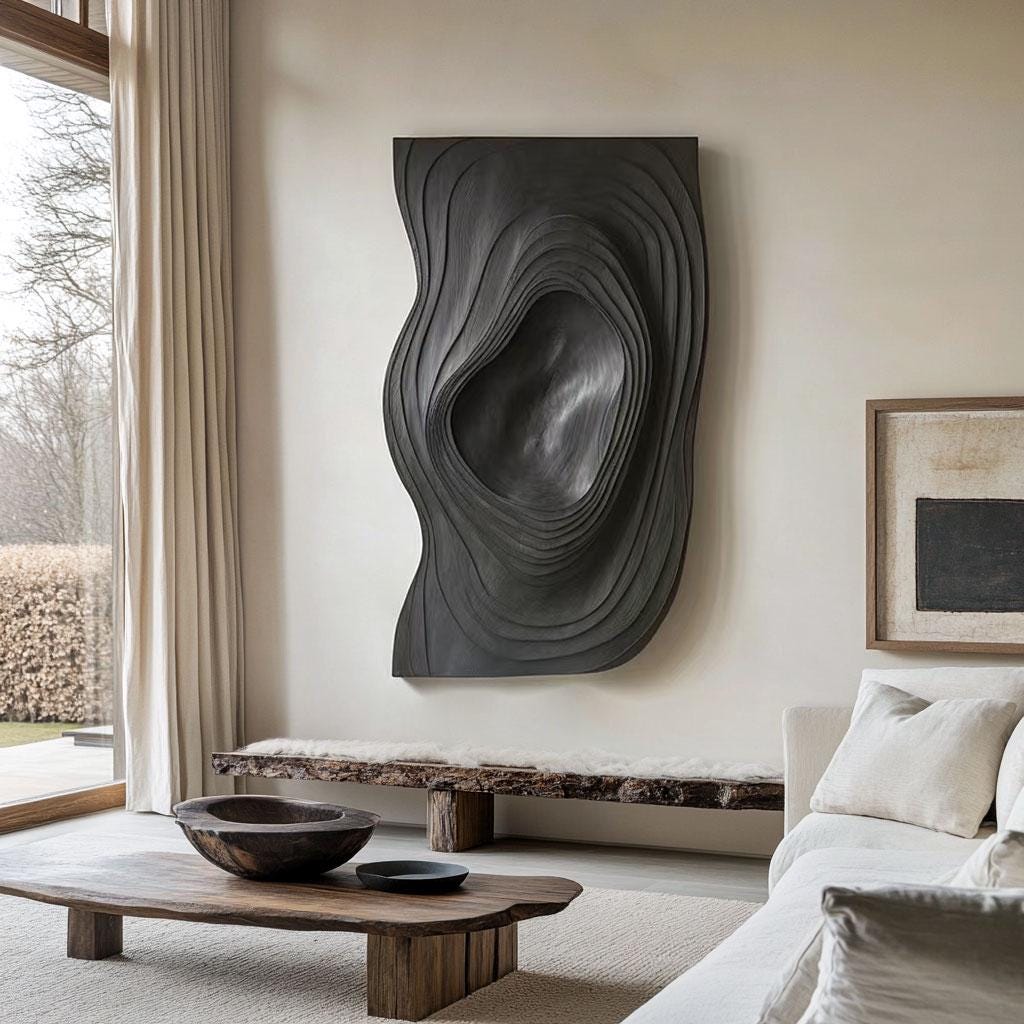 3D Textured Wall Art Panel - Modern Black Abstract Sculpture - Parametric Carved Wood Wall Decor - Japandi Minimalist Art