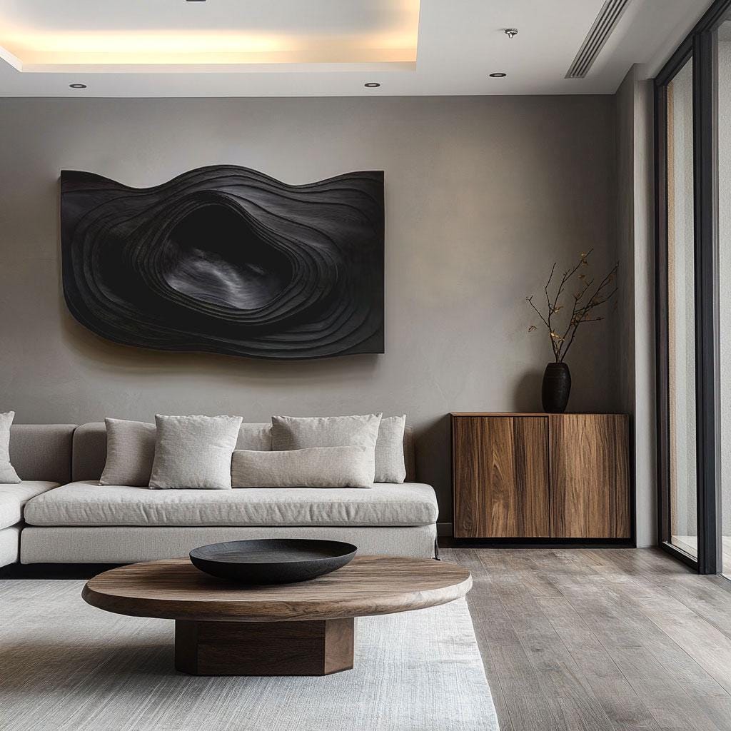 3D Textured Wall Art Panel - Modern Black Abstract Sculpture - Parametric Carved Wood Wall Decor - Japandi Minimalist Art