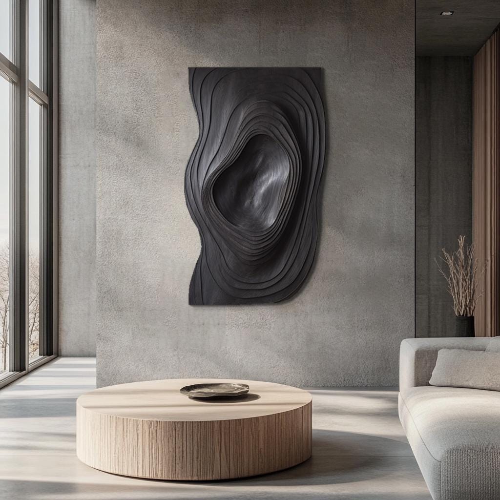 3D Textured Wall Art Panel - Modern Black Abstract Sculpture - Parametric Carved Wood Wall Decor - Japandi Minimalist Art