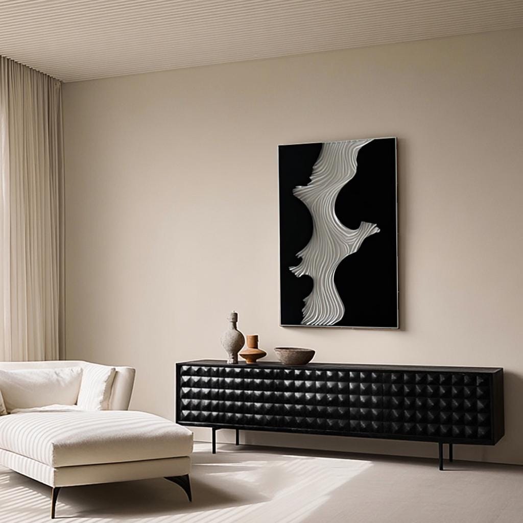 3D Textured Wall Art – Modern Black & White Organic Wave Sculpture – Minimalist Wood Art for Japandi, Nordic  Wabi-Sabi Home Decor