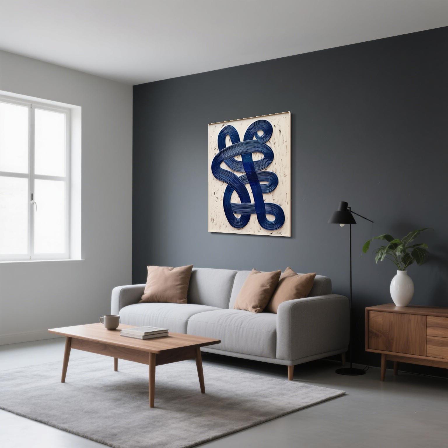 Large Navy 3D Textured Abstract Wall Art | Modern Japandi Canvas Painting | Oversized Minimalist Decor | Unique Gift for Him or Her
