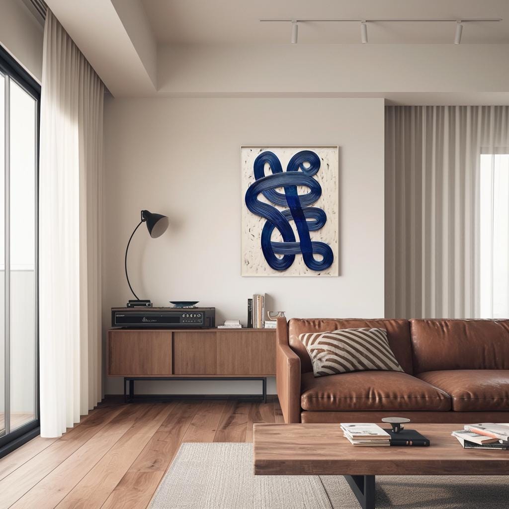 Large Navy 3D Textured Abstract Wall Art | Modern Japandi Canvas Painting | Oversized Minimalist Decor | Unique Gift for Him or Her