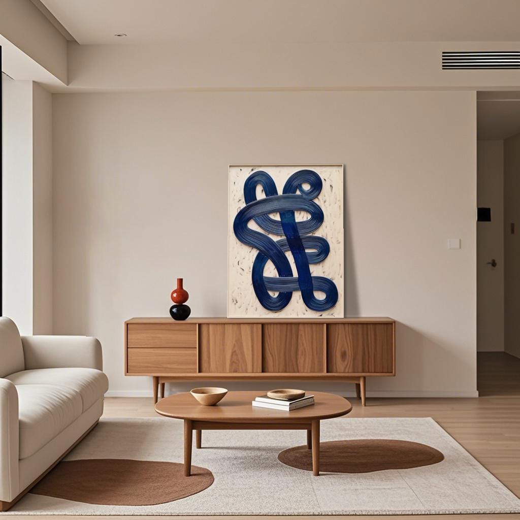 Large Navy 3D Textured Abstract Wall Art | Modern Japandi Canvas Painting | Oversized Minimalist Decor | Unique Gift for Him or Her