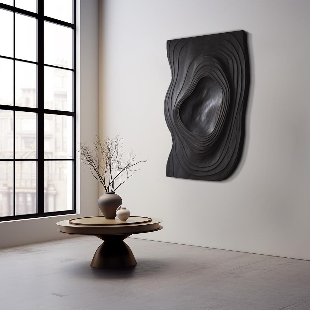 3D Textured Wall Art Panel - Modern Black Abstract Sculpture - Parametric Carved Wood Wall Decor - Japandi Minimalist Art