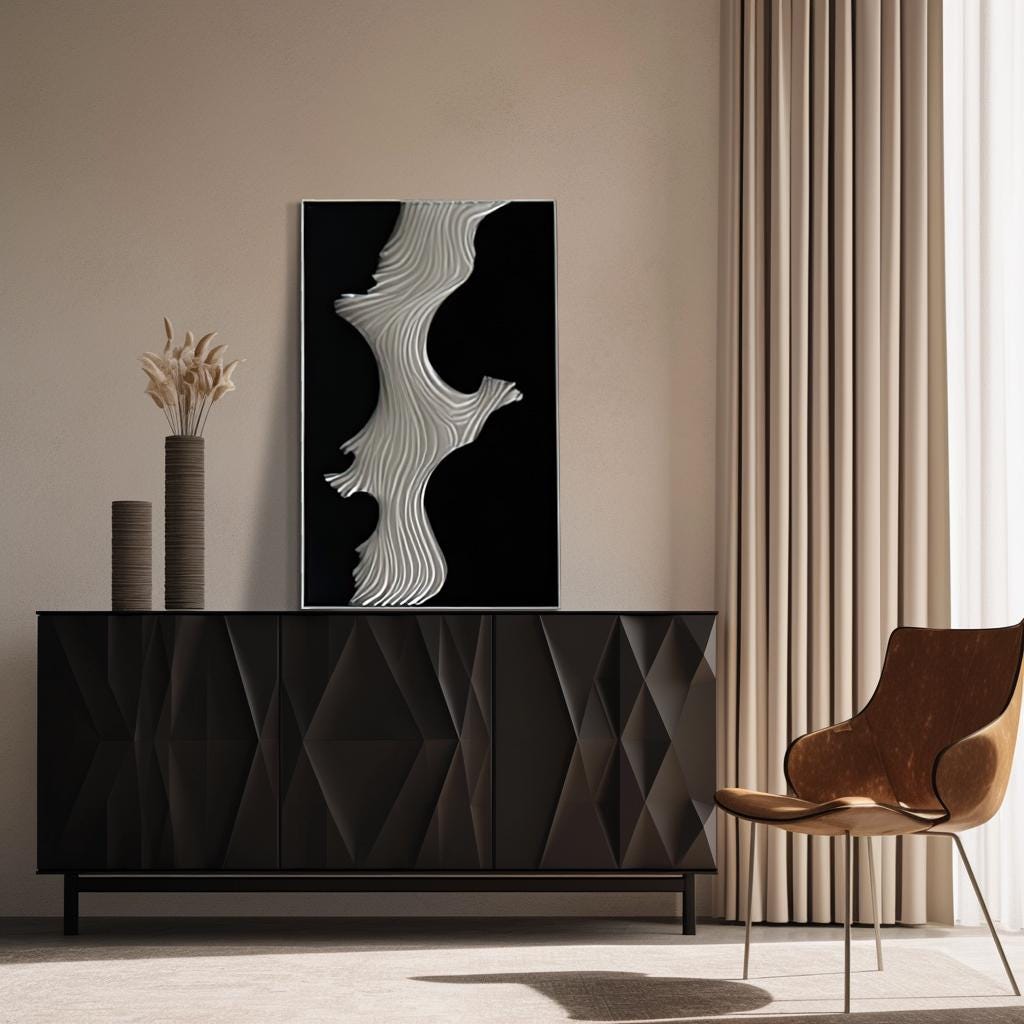 3D Textured Wall Art – Modern Black & White Organic Wave Sculpture – Minimalist Wood Art for Japandi, Nordic  Wabi-Sabi Home Decor