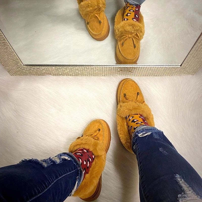 Women Snow Fur Platform Faux Slip-On Loafer Boots