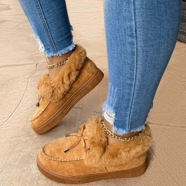 Women Snow Fur Platform Faux Slip-On Loafer Boots