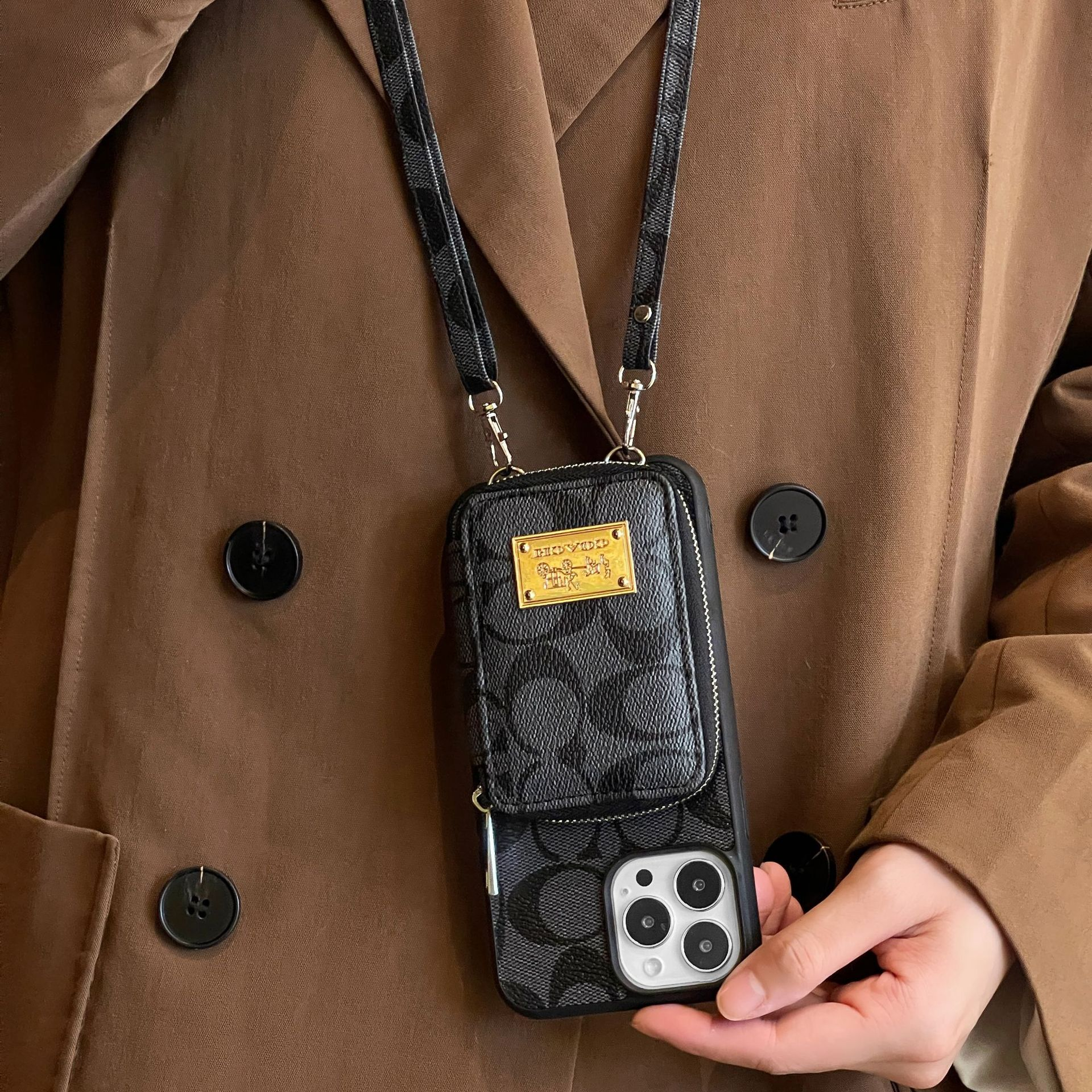  Coach Leather iPhone Zipper Wallet Case with Crossbody Strap