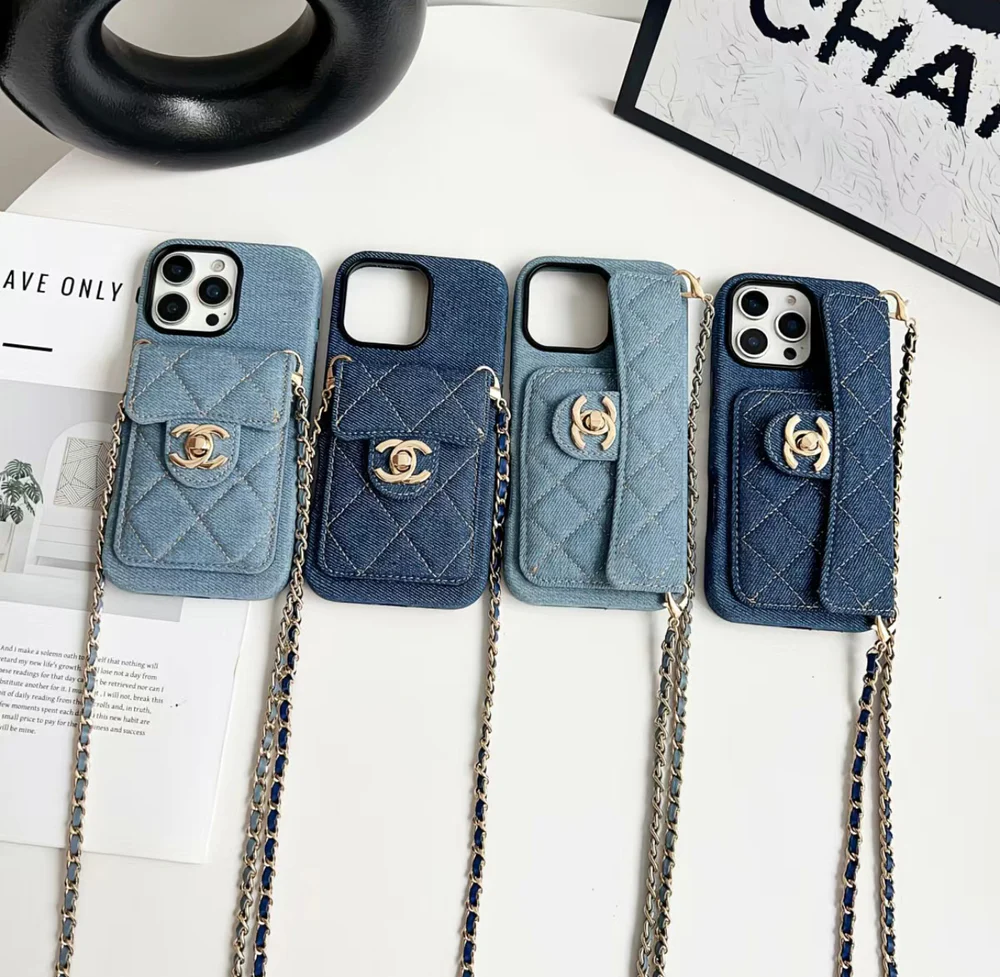 Chanel Denim Canvas iPhone Wallet Case With Crossbody Strap / Handkerchief