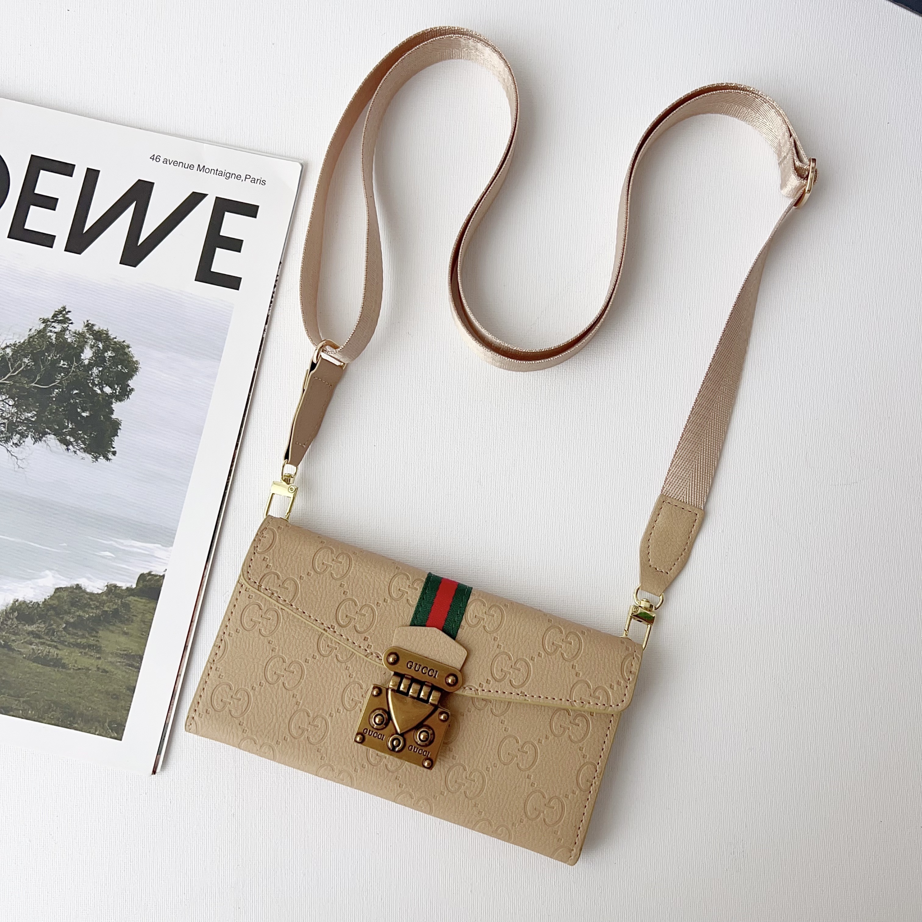  Gucci Colored LeatheriPhone Wallet Case Magnetic Flip Cover With Crossbody Strap