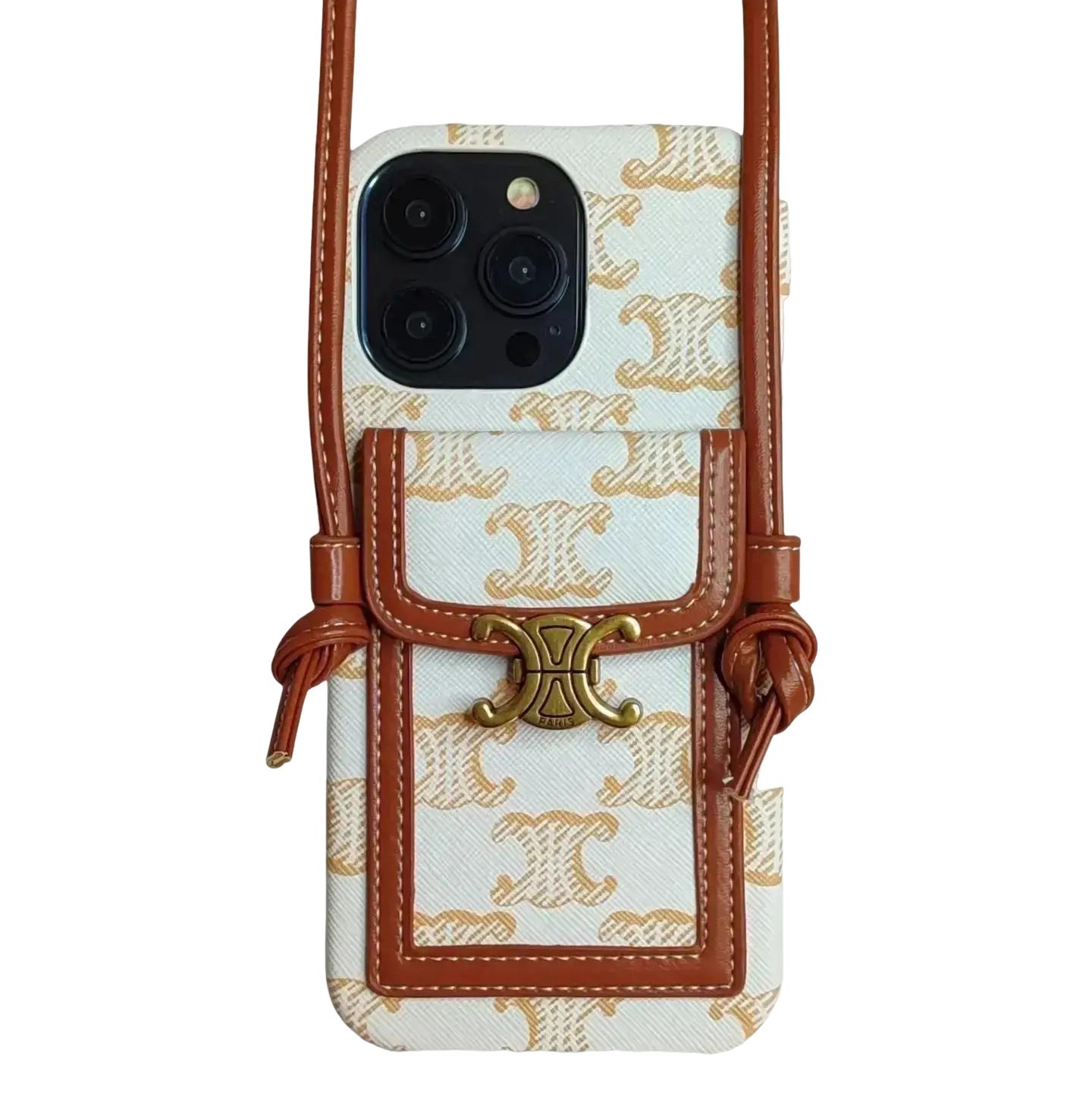 Celine Luxurious Leather iPhone Wallet Case With Crossbody Strap