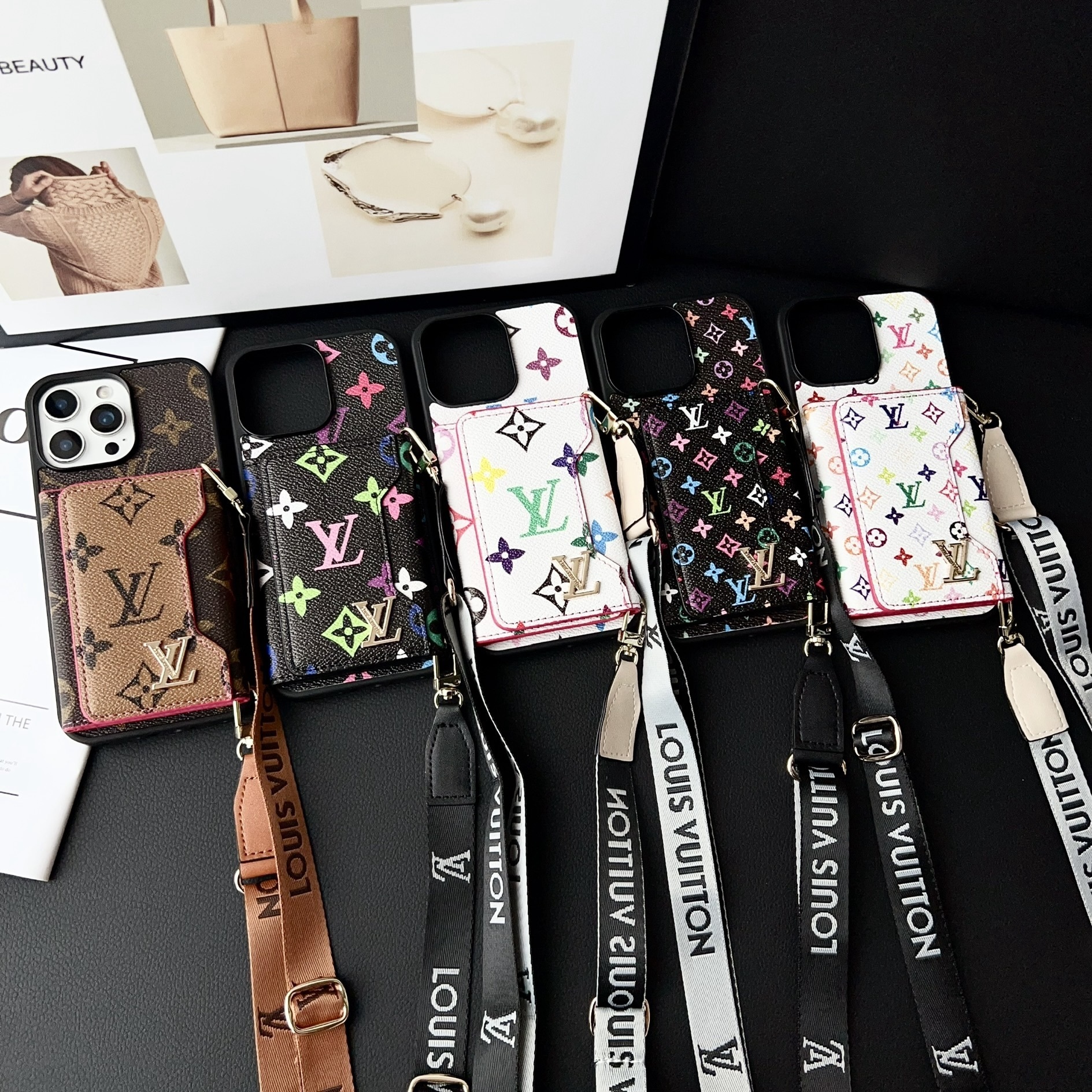 Louis Vuitton Vintage Monogram Leather iPhone Wallet Case With Crossbody Strap