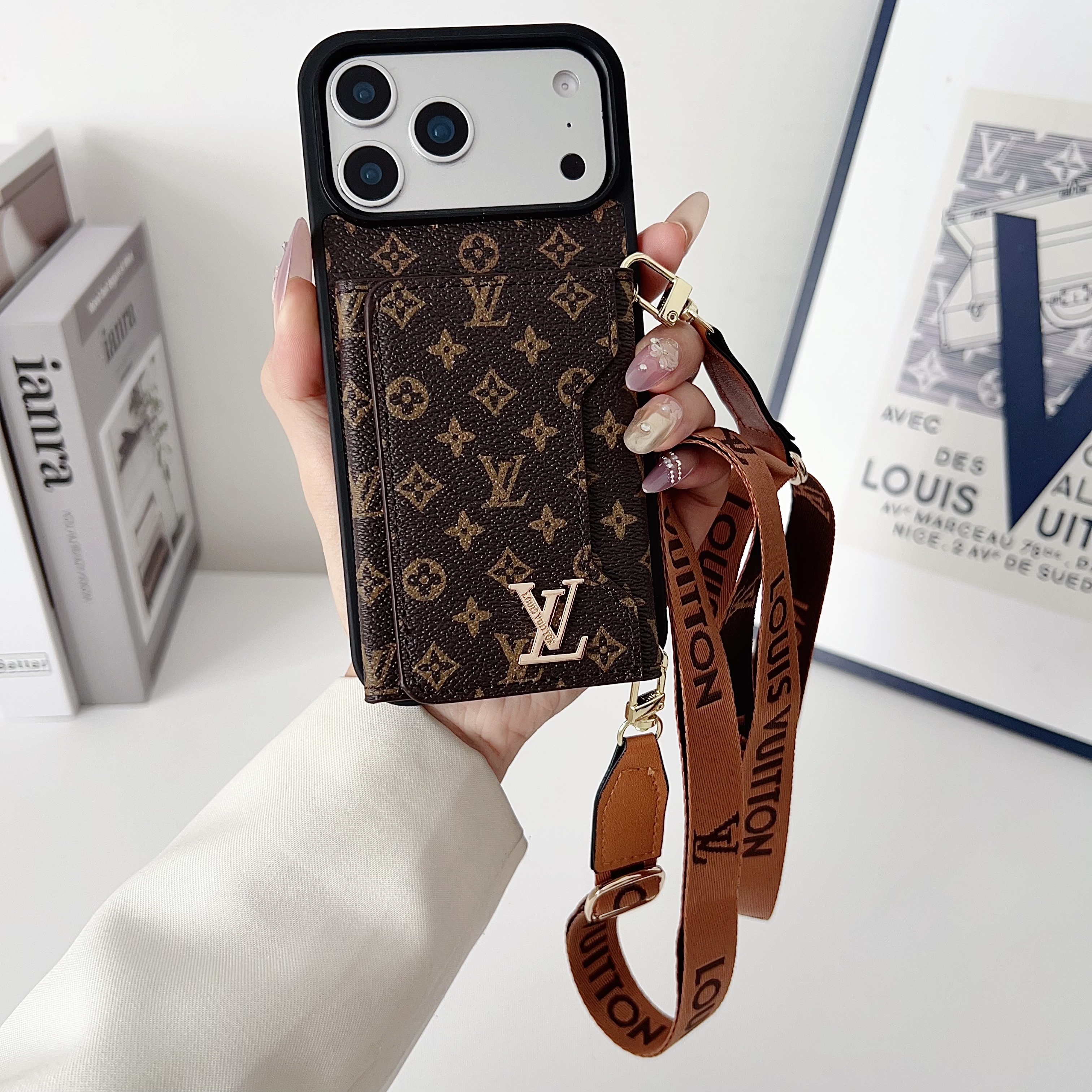 Louis Vuitton Monogram Leather iPhone Wallet Case With Crossbody Strap