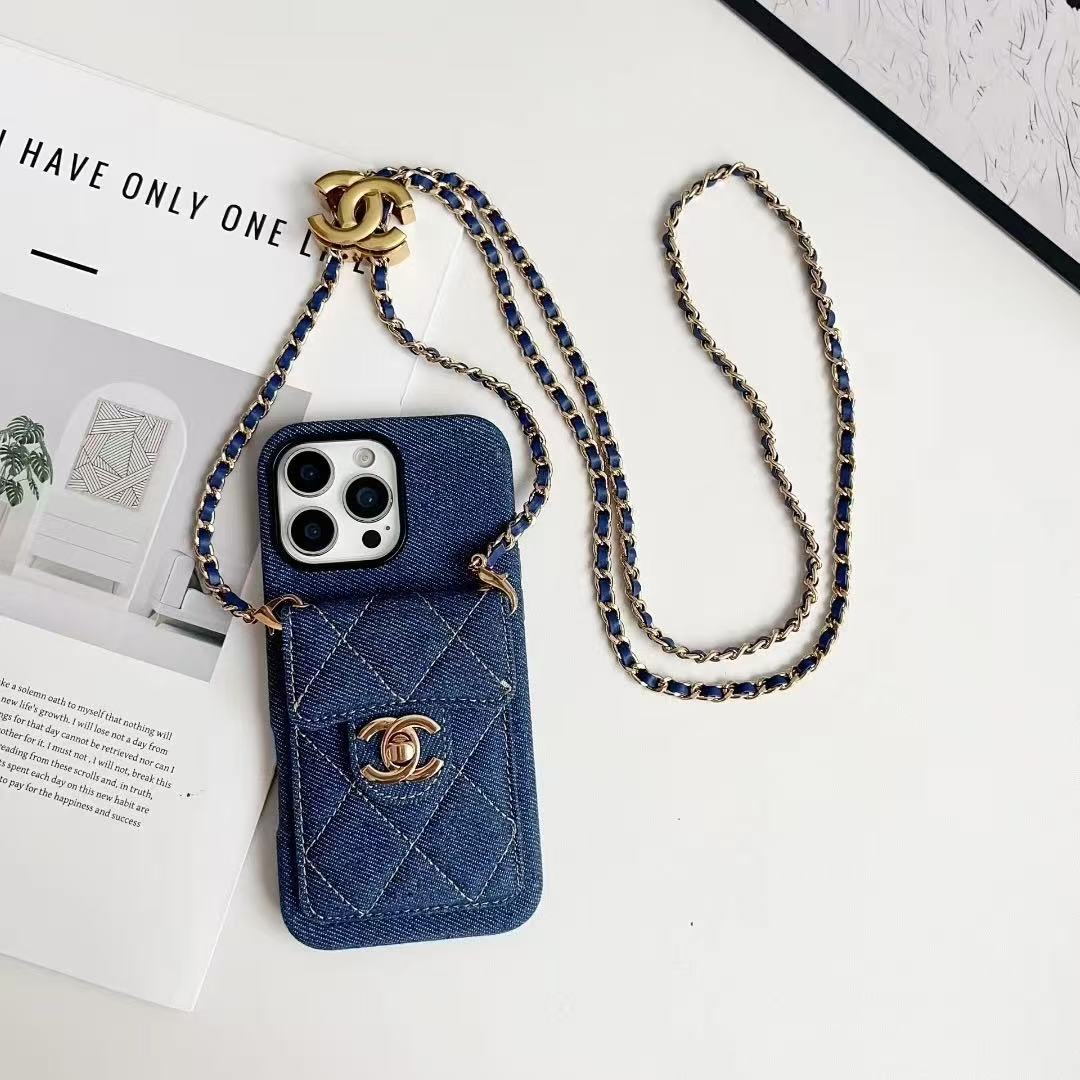 Chanel Denim Canvas iPhone Wallet Case With Crossbody Strap / Handkerchief
