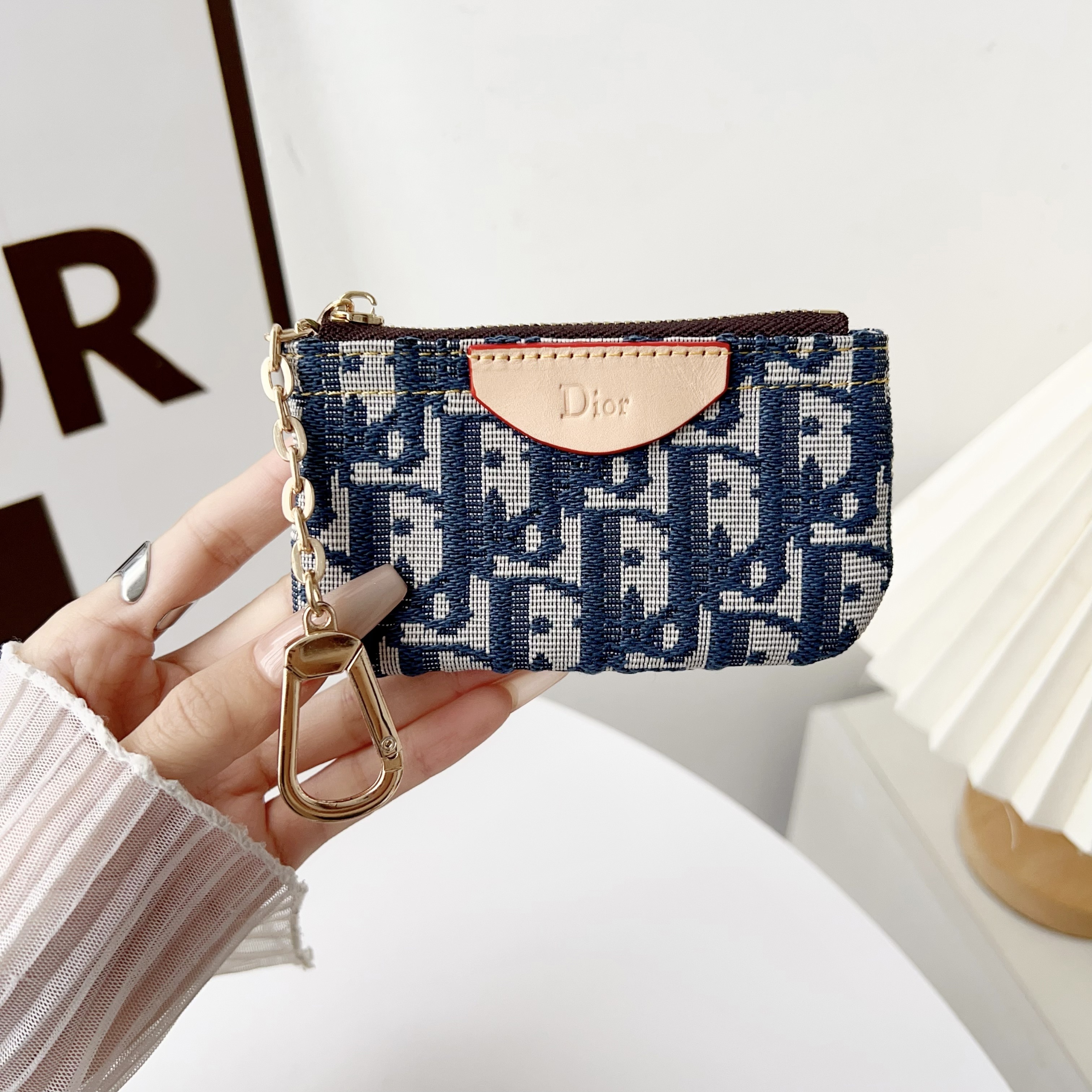 Dior Denim Canvas Coin Purse with Zipper & Keychain