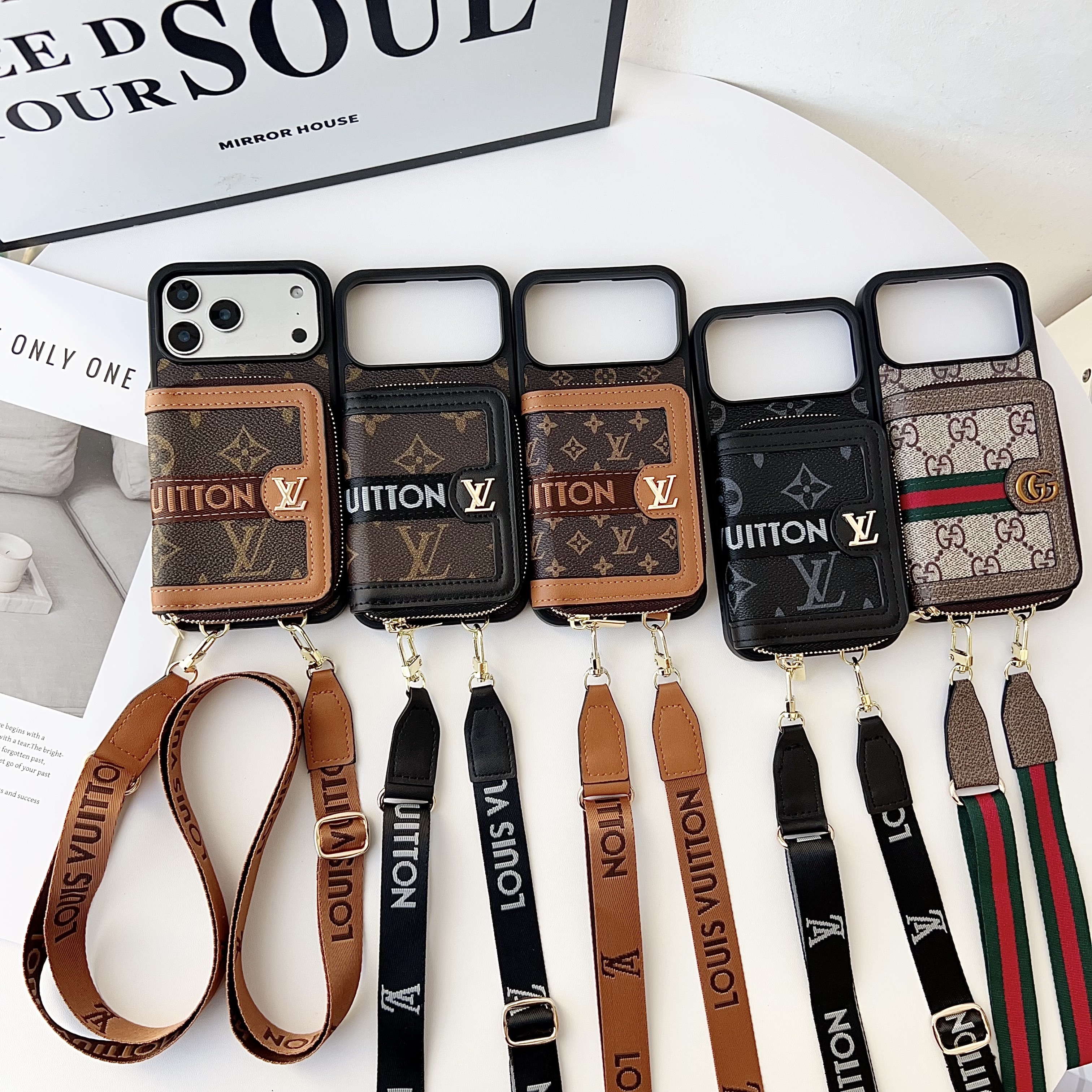 Louis Vuitton,Gucci Monogram Leather iPhone Zipper Wallet Case with Crossbody Strap