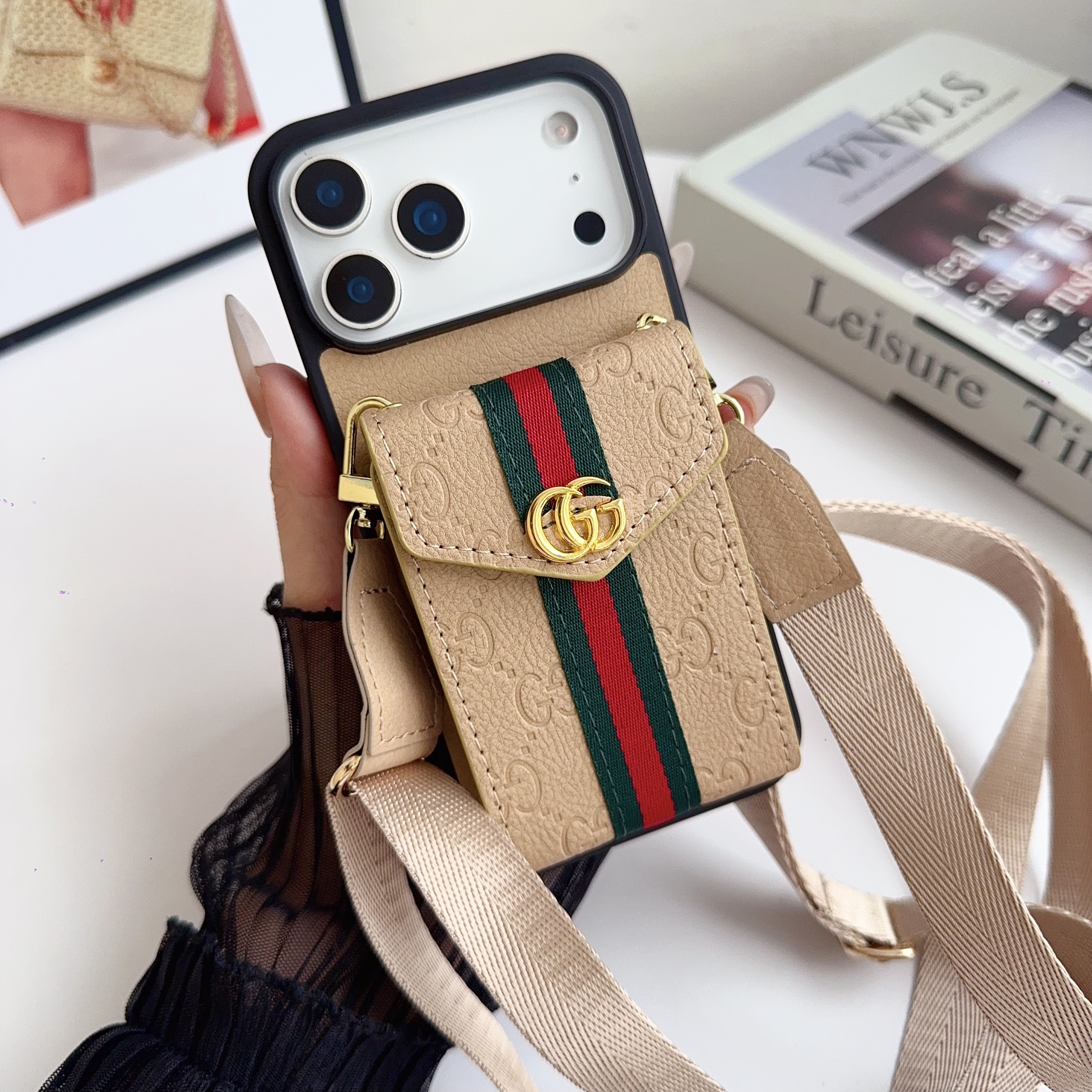 Gucci Vintage Leather iPhone Wallet Case With Crossbody Strap