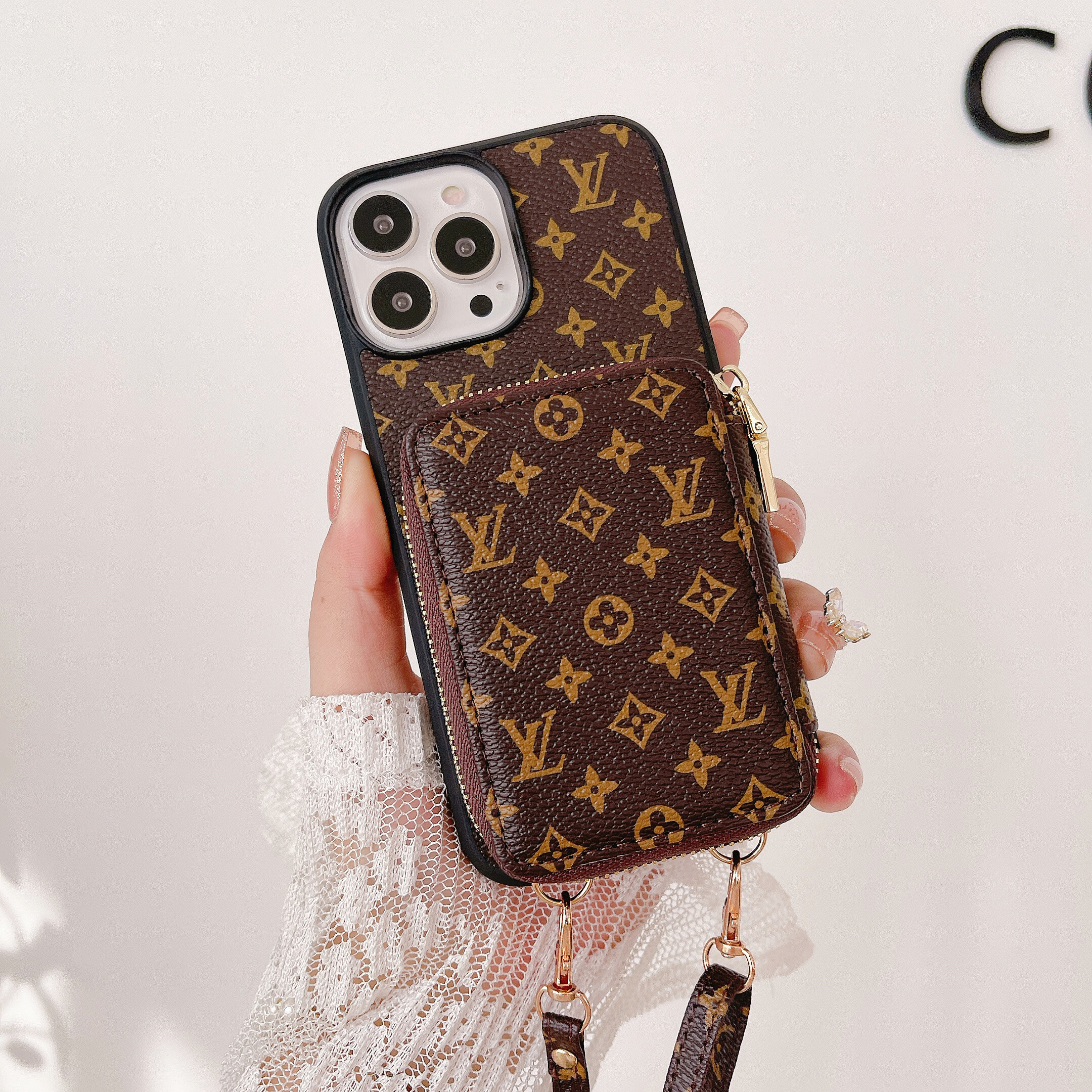 Louis Vuitton,Gucci Monogram Leather iPhone Zipper Wallet Case with Crossbody Strap