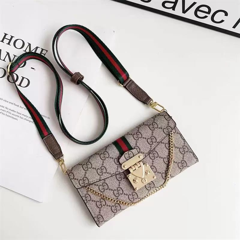 Gucci Leather iPhone Wallet Cases Magnetic Flip Cover With Crossbody Strap