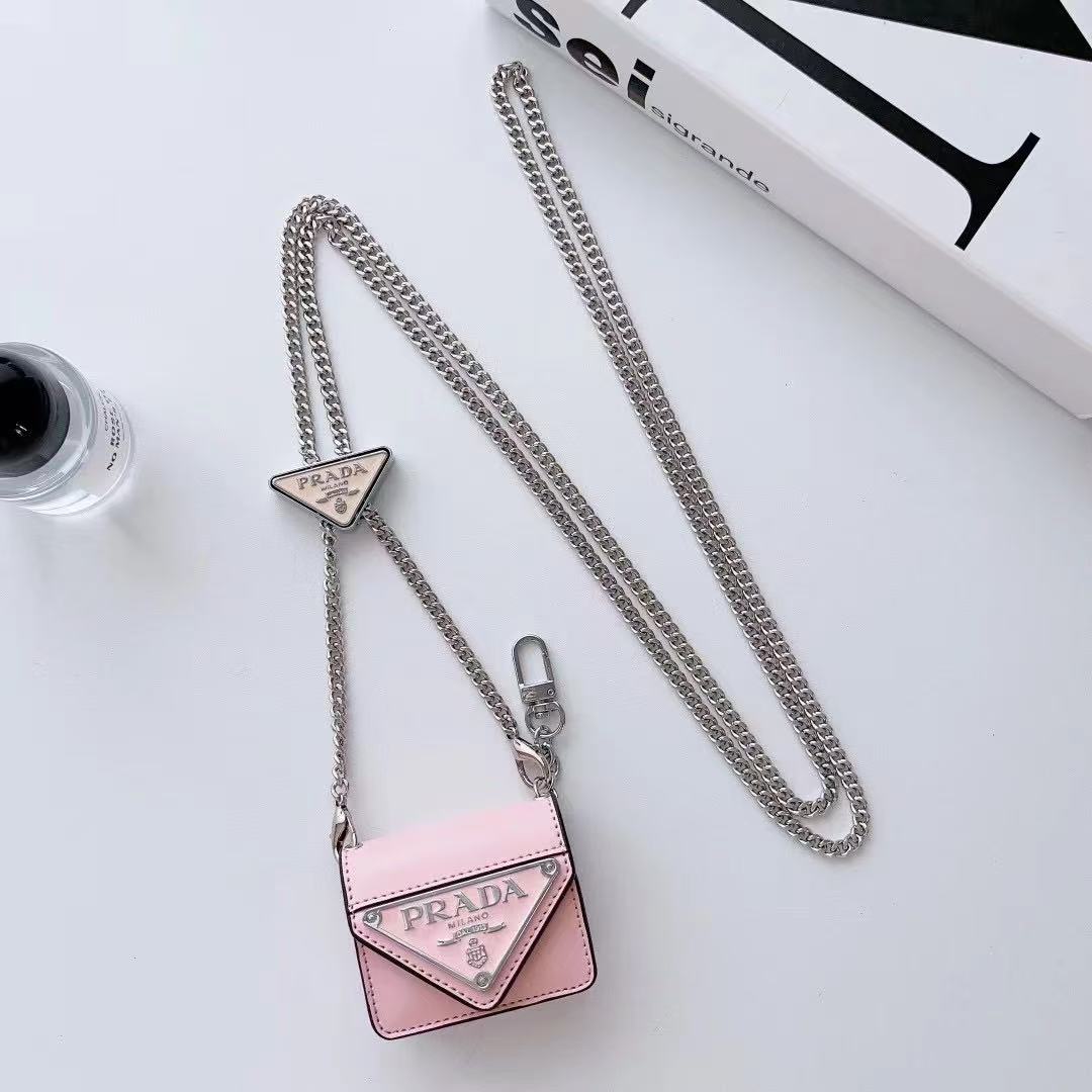 PR Leather triangular metal label Airpods Case with crossbody strap-BELKCASE