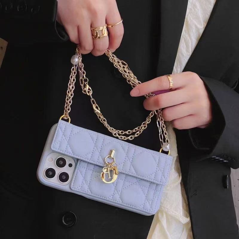 Luxury CD Leather iPhone Wallet Case With Crossbody Strap