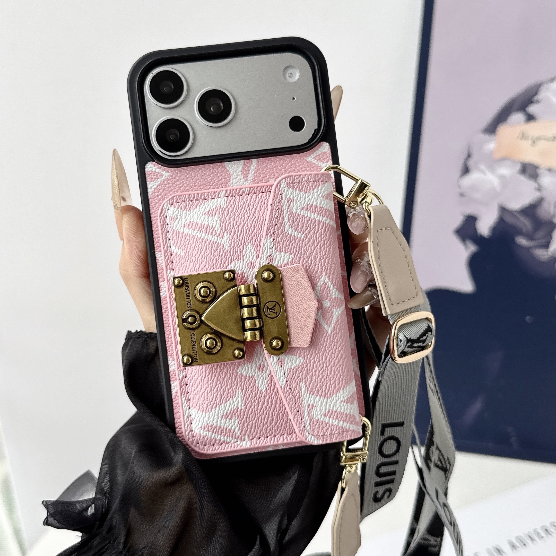 Louis Vuitton,Gucci Vintage Monogram Leather iPhone Wallet Case With Crossbody Strap