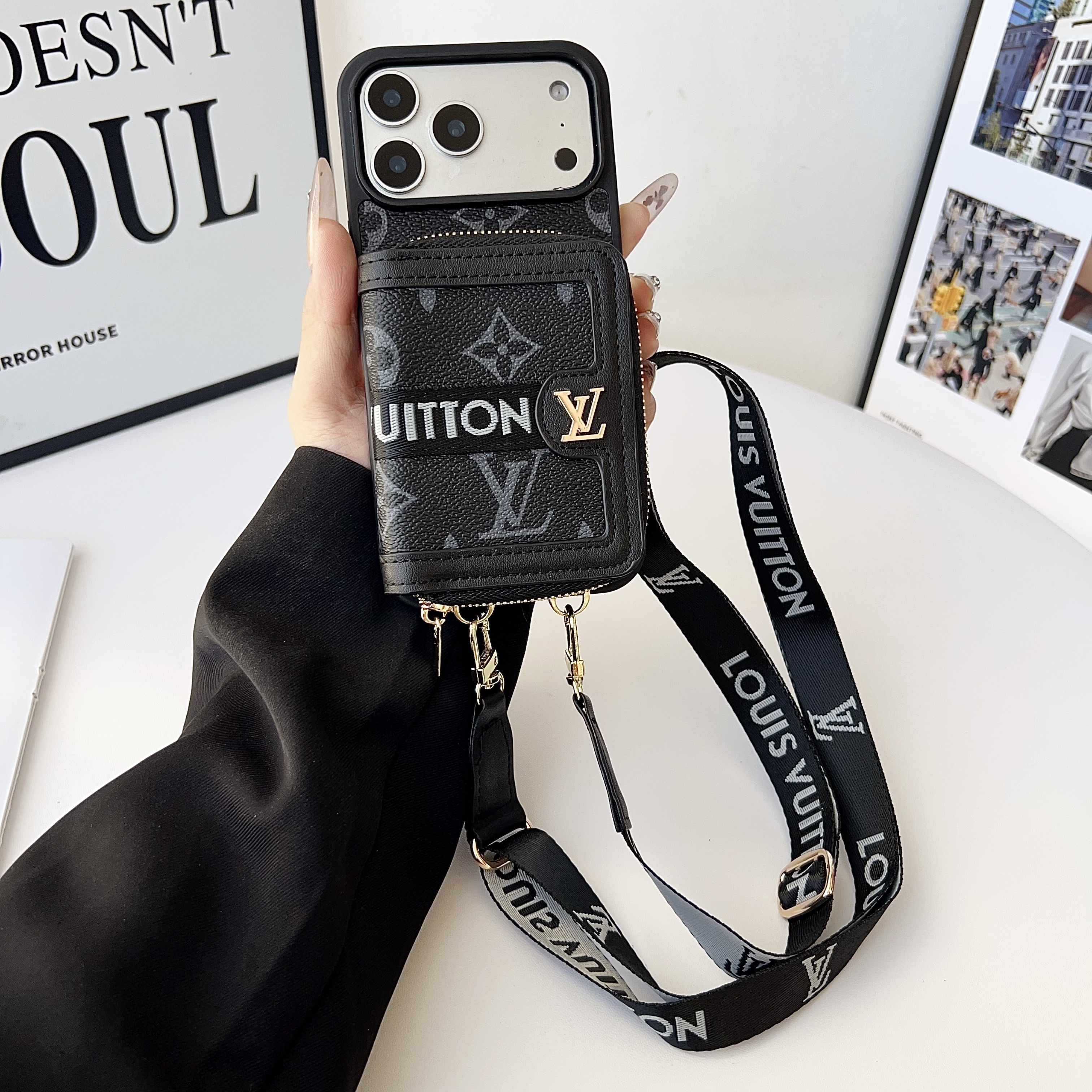 Louis Vuitton,Gucci Monogram Leather iPhone Zipper Wallet Case with Crossbody Strap