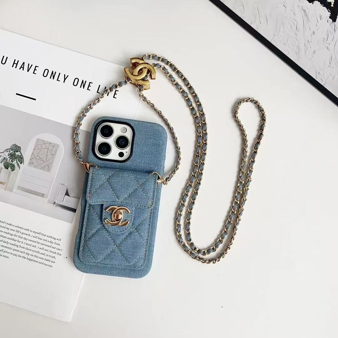 Chanel Denim Canvas iPhone Wallet Case With Crossbody Strap / Handkerchief