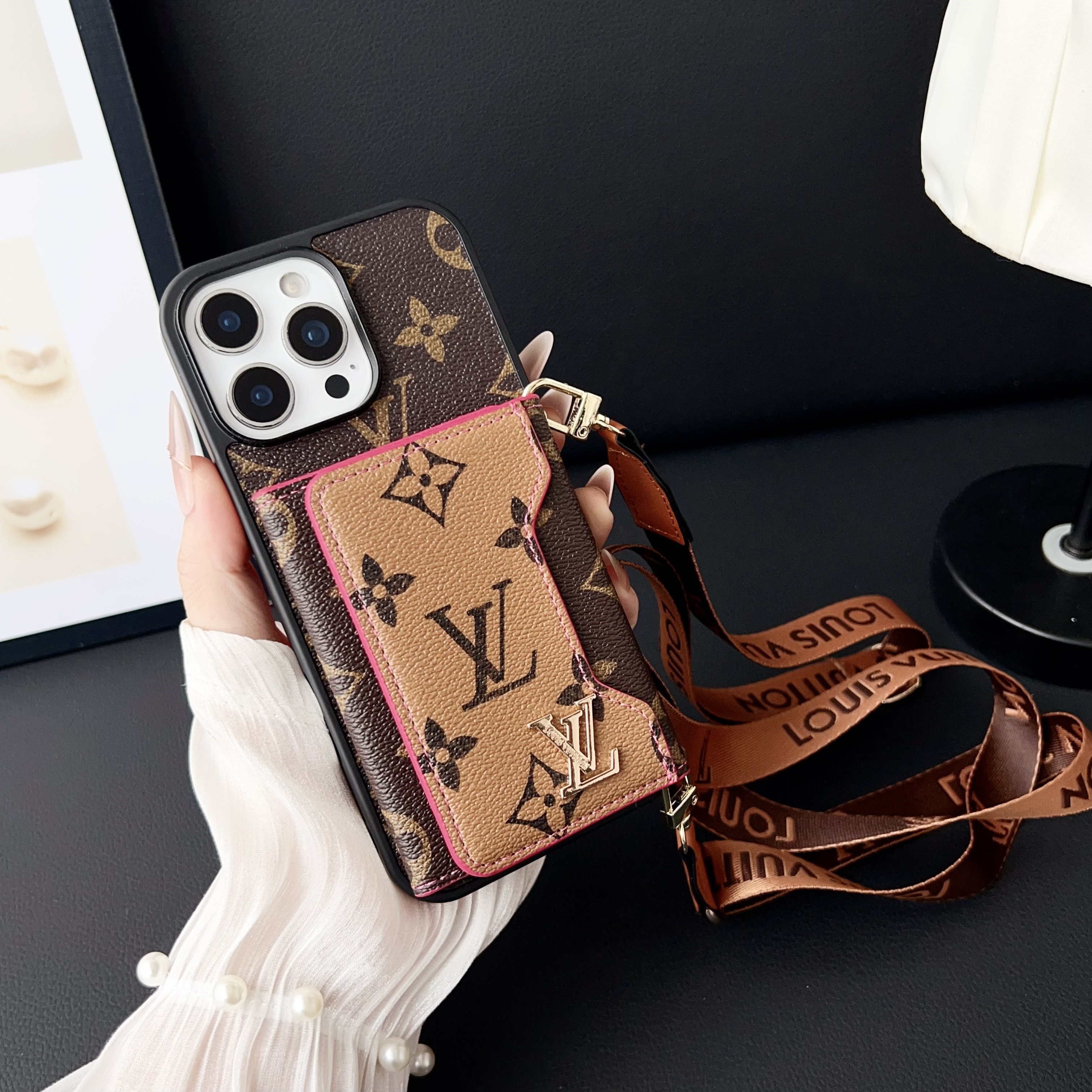 Louis Vuitton Vintage Monogram Leather iPhone Wallet Case With Crossbody Strap