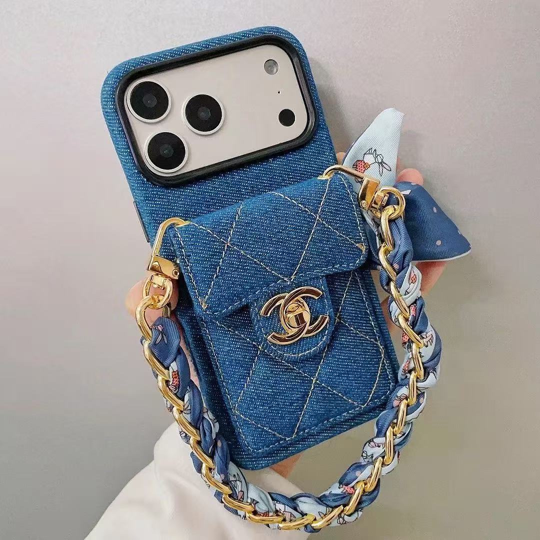 Chanel Denim Canvas iPhone Wallet Case With Crossbody Strap / Handkerchief