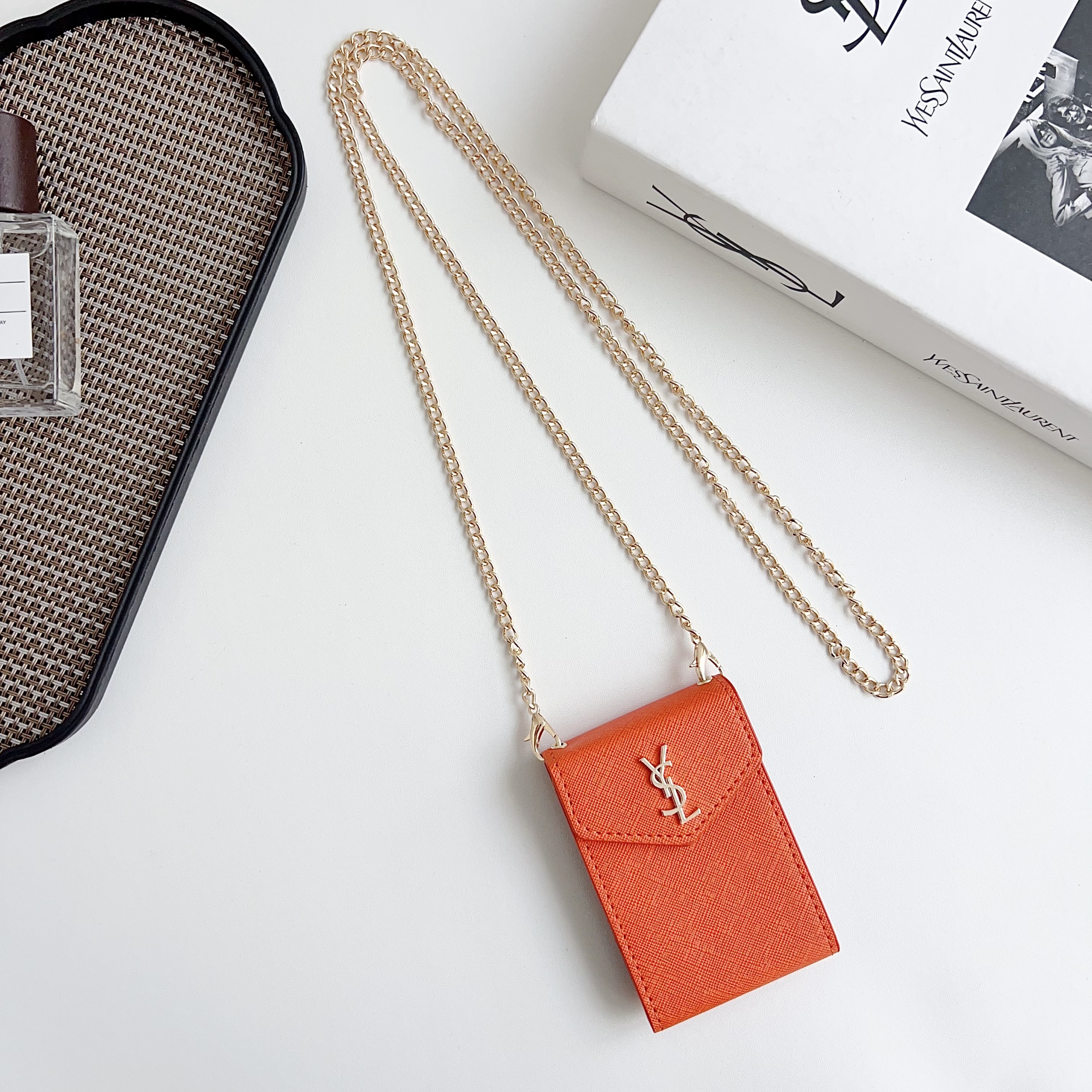 YSL leather Wallet Card Holder with crossbody chain