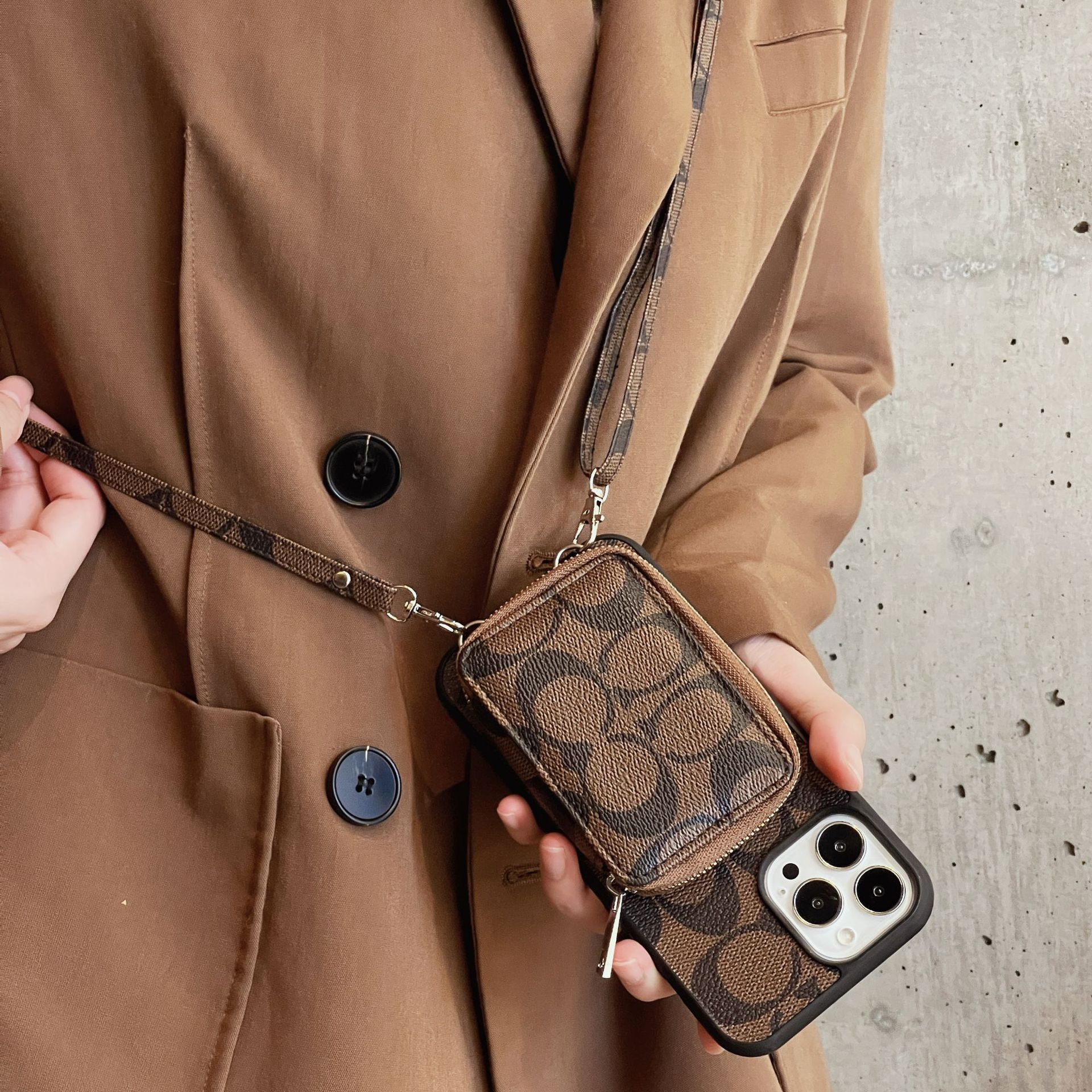  Coach Leather iPhone Zipper Wallet Case with Crossbody Strap