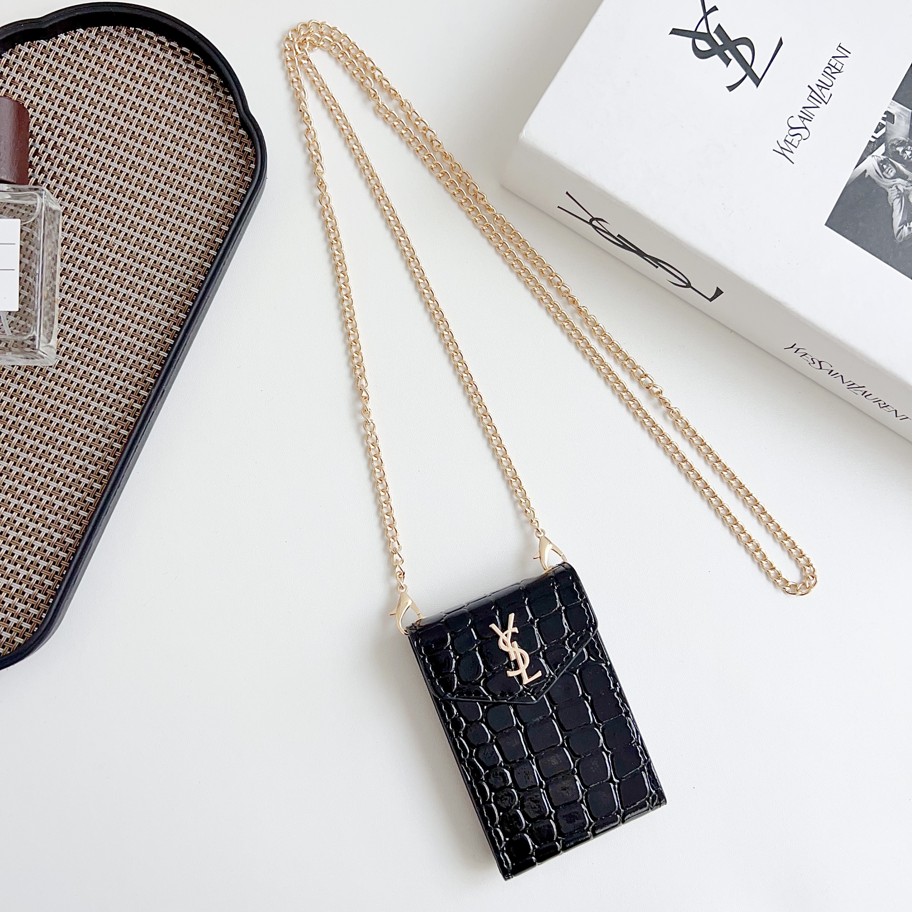 YSL leather Wallet Card Holder with crossbody chain