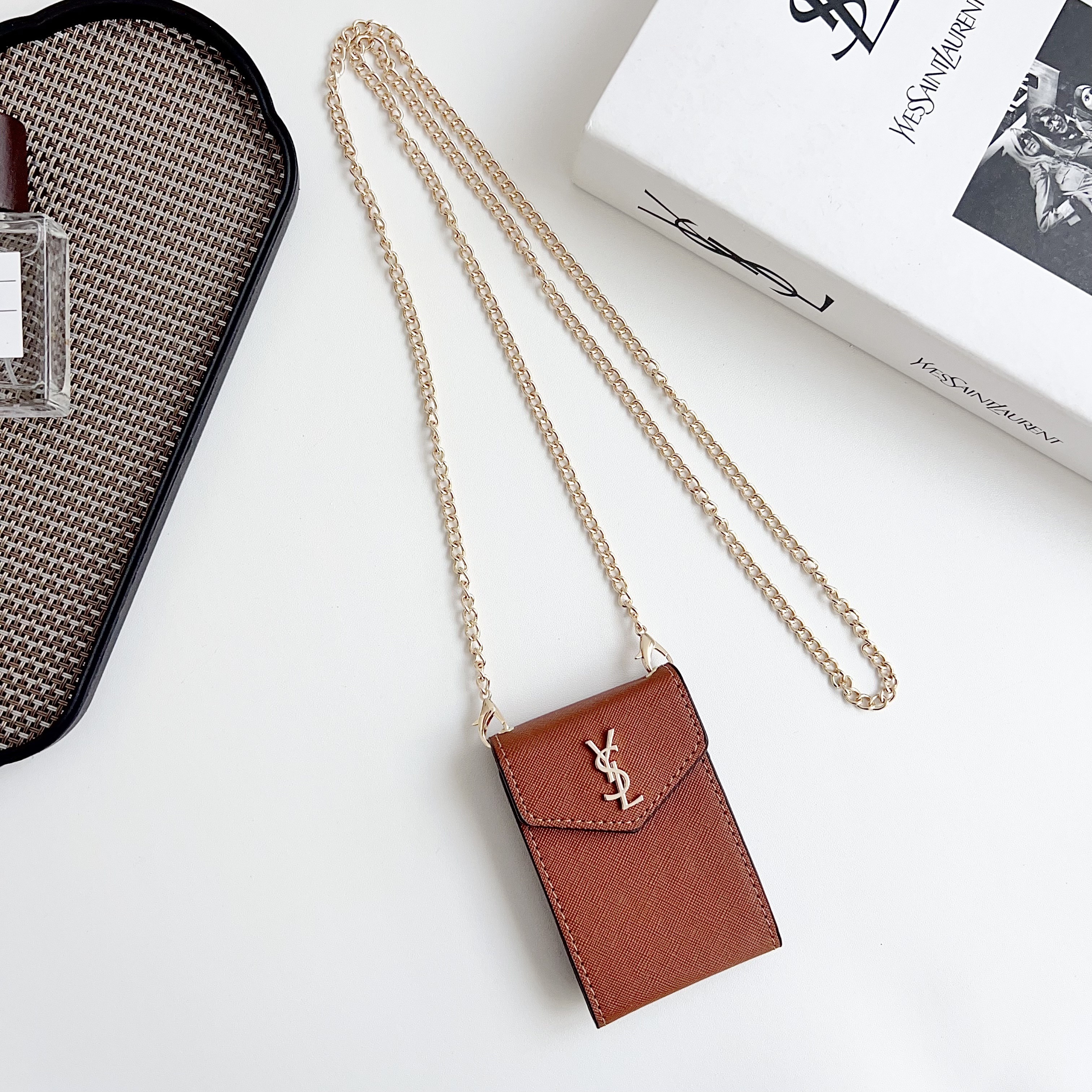YSL leather Wallet Card Holder with crossbody chain
