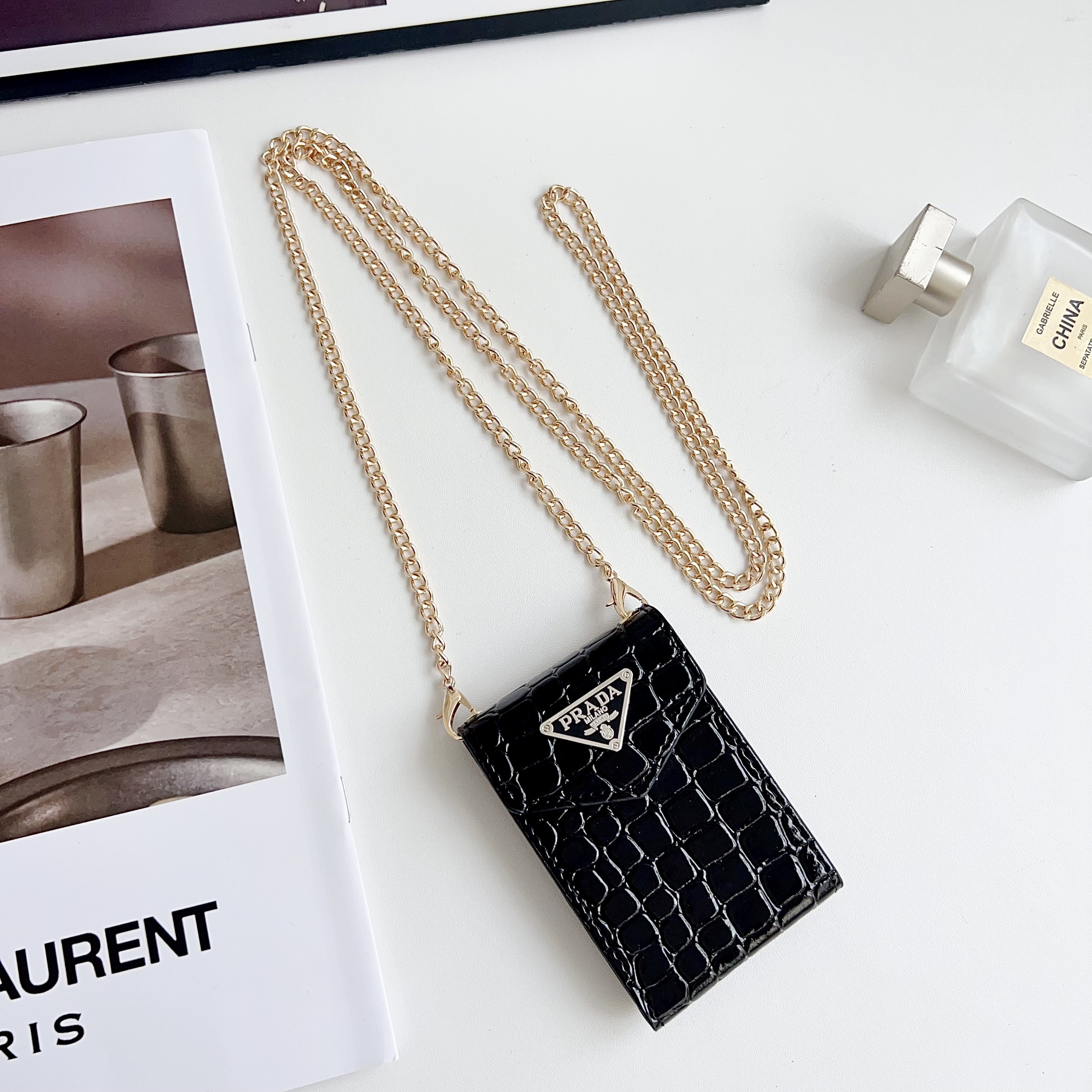 Prada leather Wallet Card Holder with crossbody chain