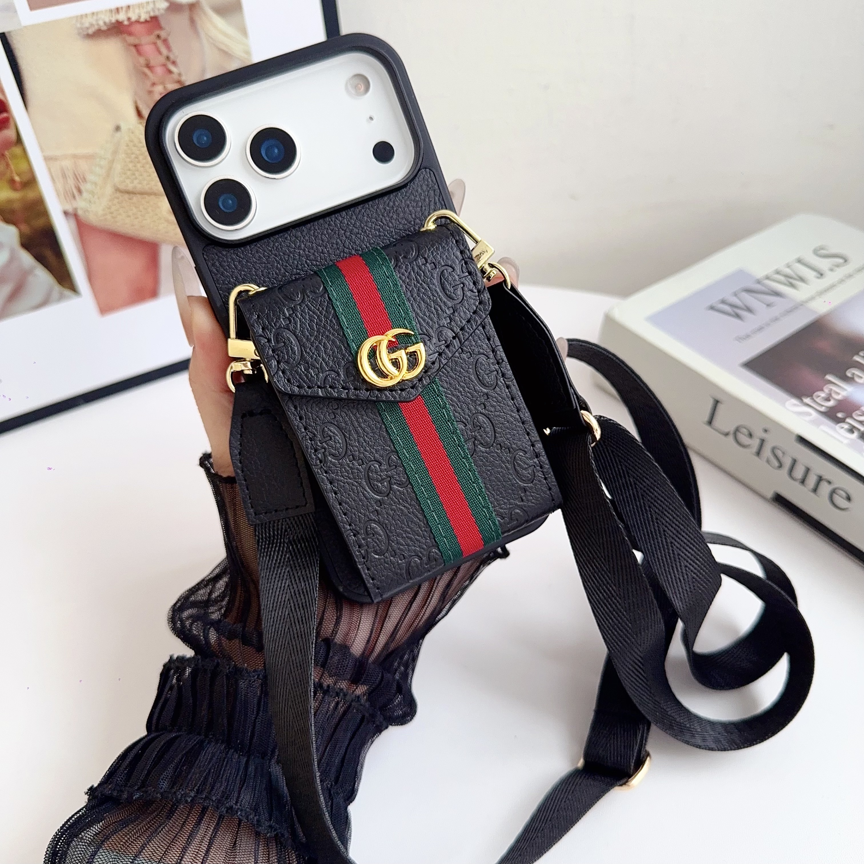 Gucci Vintage Leather iPhone Wallet Case With Crossbody Strap