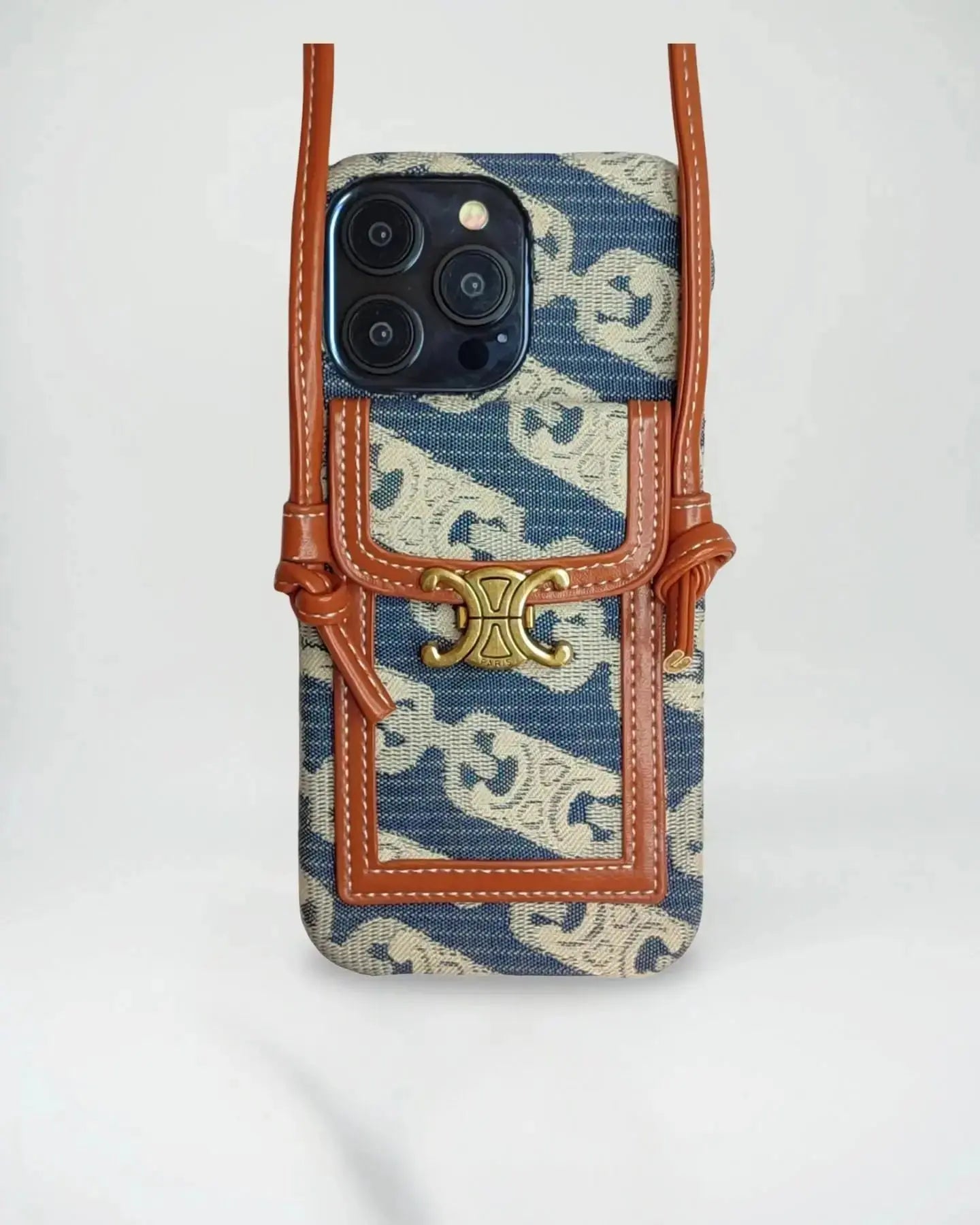 Celine Luxurious Leather iPhone Wallet Case With Crossbody Strap