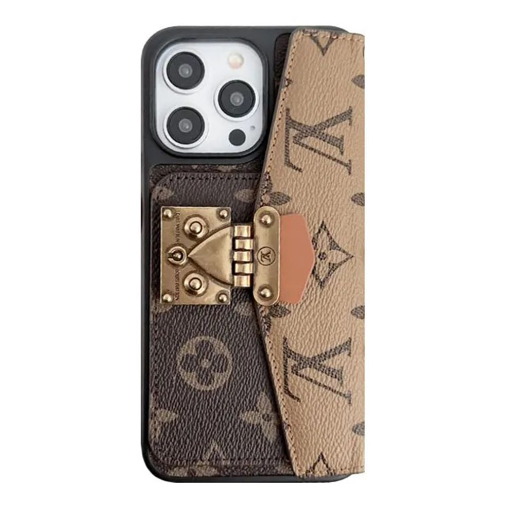 Monogram Leather iPhone Wallet Case Magnetic Flip Cover