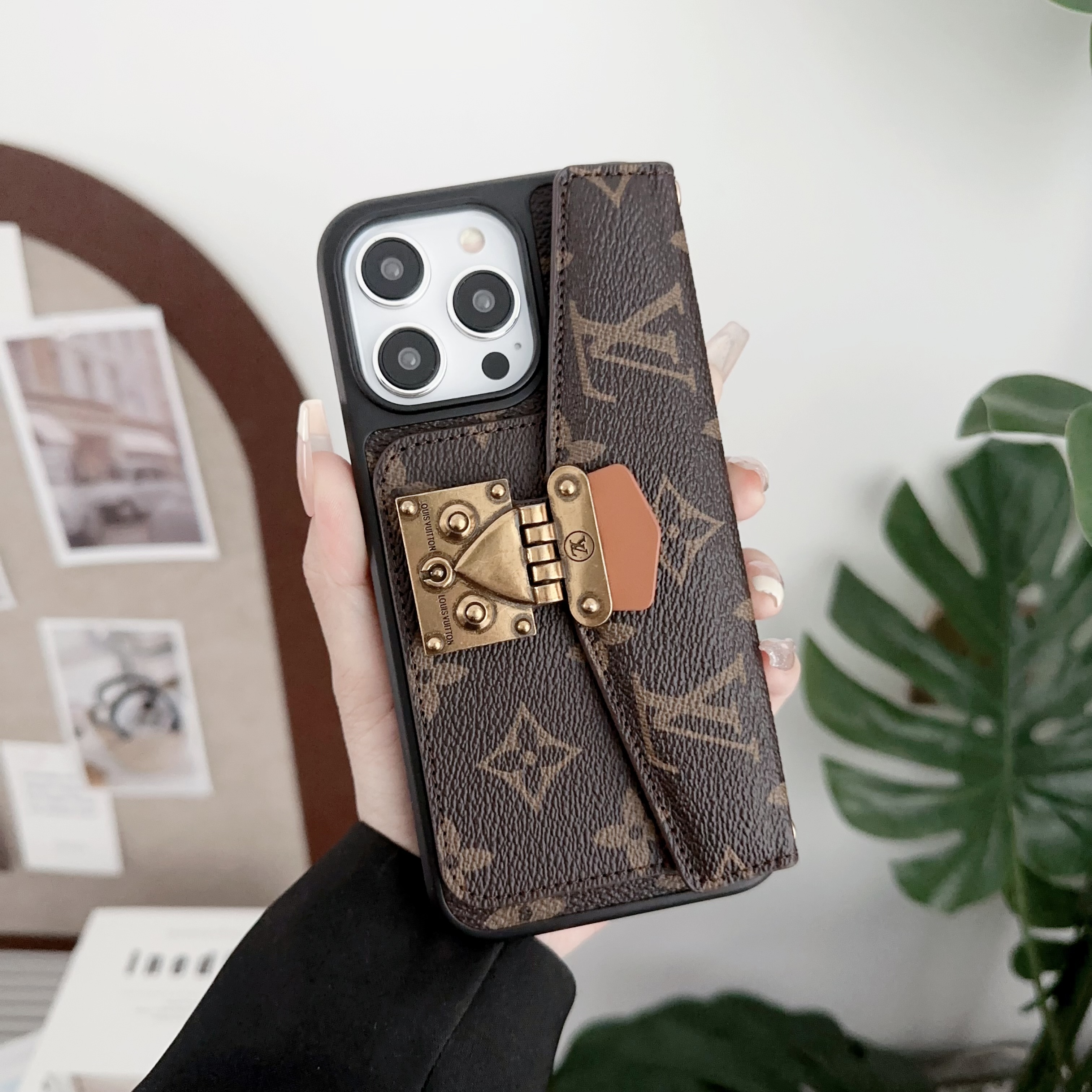Monogram Leather iPhone Wallet Case Magnetic Flip Cover