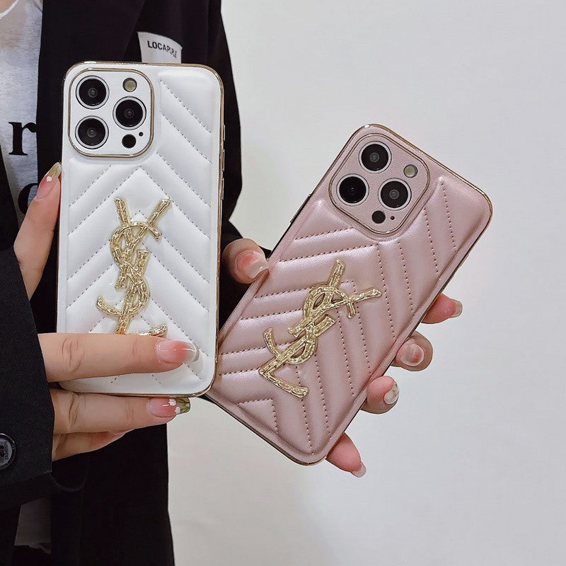 YSL Luxury Leather iPhone Case Diamond Grid
