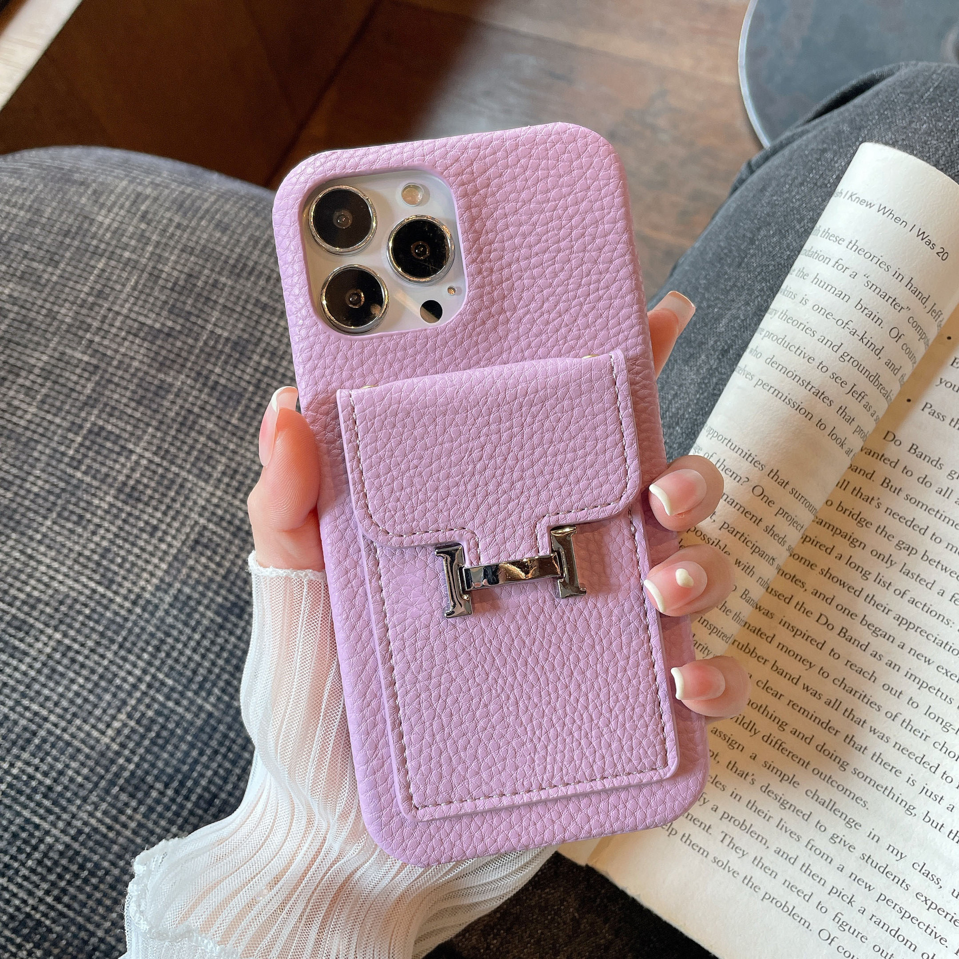 Leather iPhone Wallet Case-Litchi Pattern