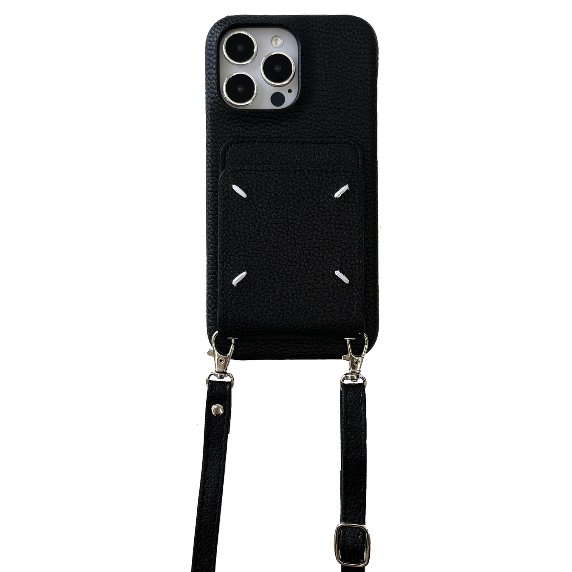 Blcak Luxury Leather M iPhone Wallet Case With Crossbody Strap